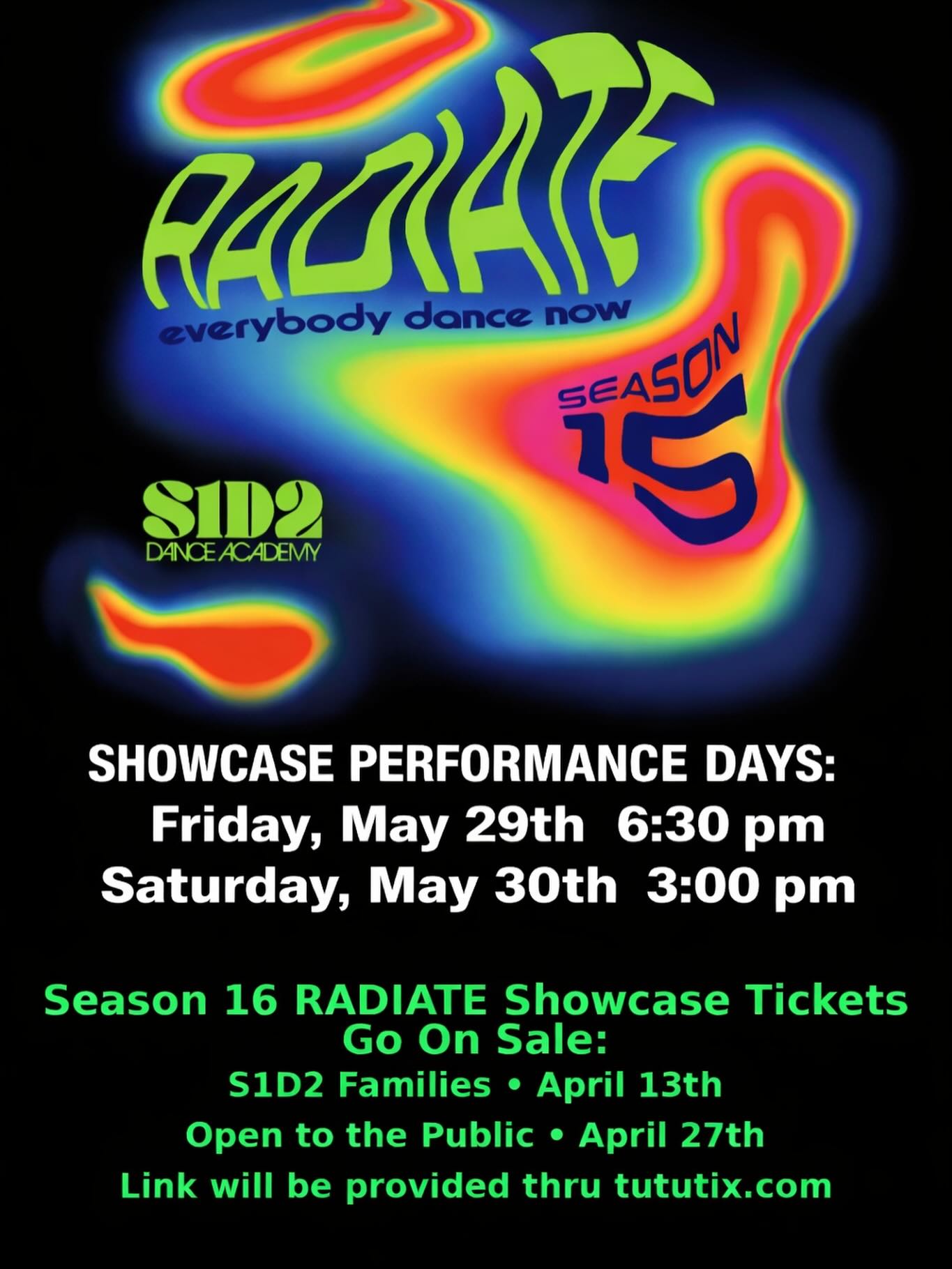 ✨ The countdown is on for our Season 16 RADIATE Showcase! ✨
Mark your calendars and get ready to light up the stage with us:
⚡ Friday, May 29th • 6:30 PM
⚡ Saturday, May 30th • 3:00 PM
🎟 Tickets on sale soon:
S1D2 Families • April 13th
Public Sale • April 27th
📩 Parents: Please check your email for your personal ticket code and a reminder that one ticket has already been purchased.
📱 Be sure to check the Band App showcase folders for all important showcase information, updates, and details.
Get ready to experience the energy, passion, and magic of RADIATE Season 16! 🌈💫
#S1D2Radiate #Season16Showcase #EverybodyDanceNow #S1D2Fam