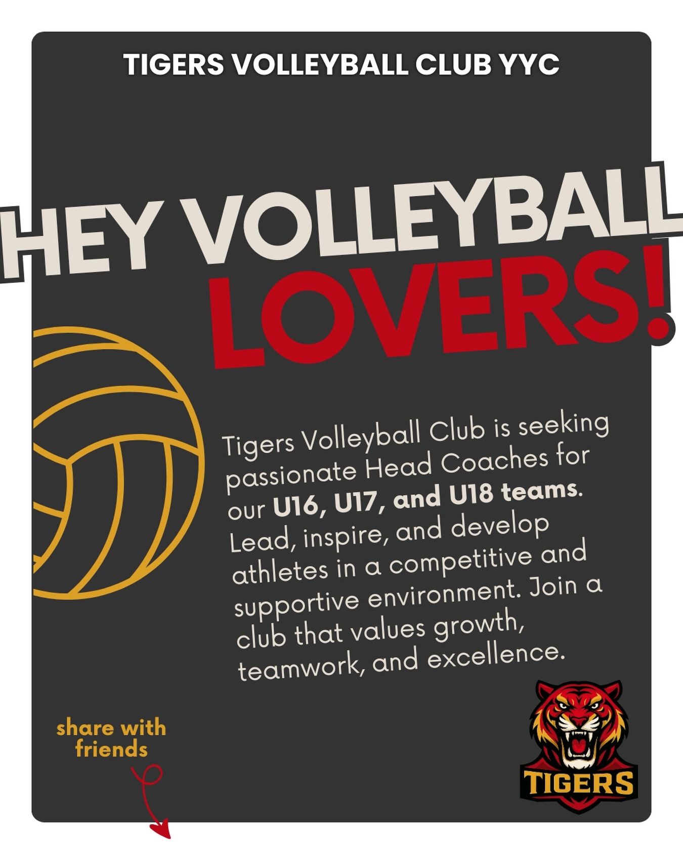 🐯🏐 Tigers Head Coach Recruitment 2026-2027 Season
Tigers is more than a club — we’re a family. And we’re looking for passionate leaders (18+) to join our community as Head Coaches for our U16, U17, and U18 teams.
If you love mentoring athletes, building confidence, and creating a positive, competitive environment where players can grow on and off the court — we’d love to connect with you.
Come be part of something bigger than the game. 💛🖤
📩 Interested?
Please send your resume and any questions to tigersvolleyballyyc@gmail.com
Let’s grow together.
