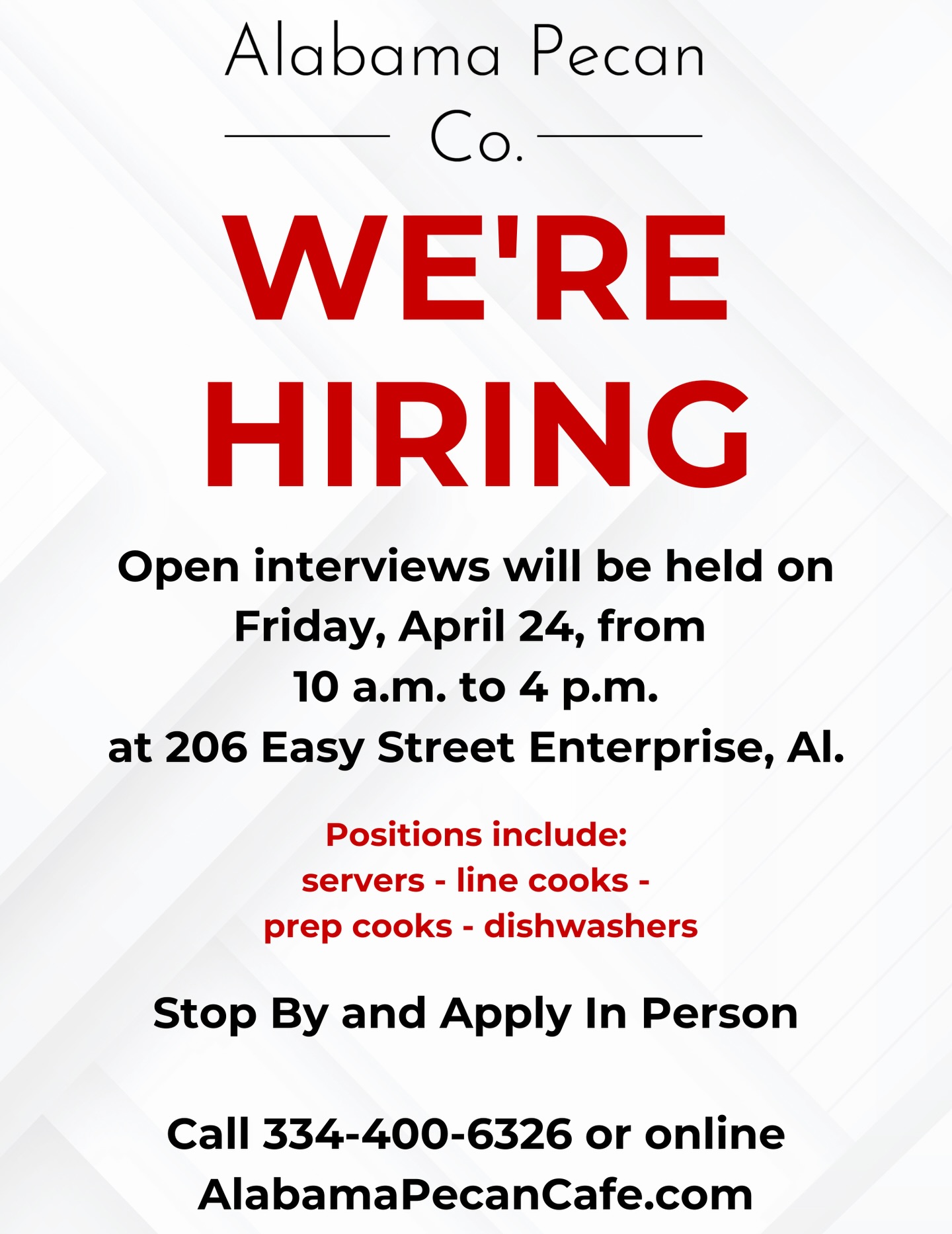 🚨 WE’RE HIRING 🚨
Come be part of something good… like really good.
We’re building a team at Alabama Pecan Co. and we’re looking for folks who can hustle, smile, and bring a little personality to the table.
✨ Now hiring:
Servers • Line Cooks • Prep Cooks • Dishwashers
👉 Skip the wait — apply online anytime:
AlabamaPecanCafe.com
👉 Or come see us in person:
OPEN INTERVIEWS THIS FRIDAY
🗓 Friday, April 24
⏰ 10 AM – 4 PM
📍 206 Easy Street, Enterprise, AL
No fluff. No long process. Just show up ready to work.
If you’ve been thinking about a new job… this is your sign.
#NowHiring #AlabamaPecanCo #JoinOurTeam #SouthernHospitality #WorkLocal