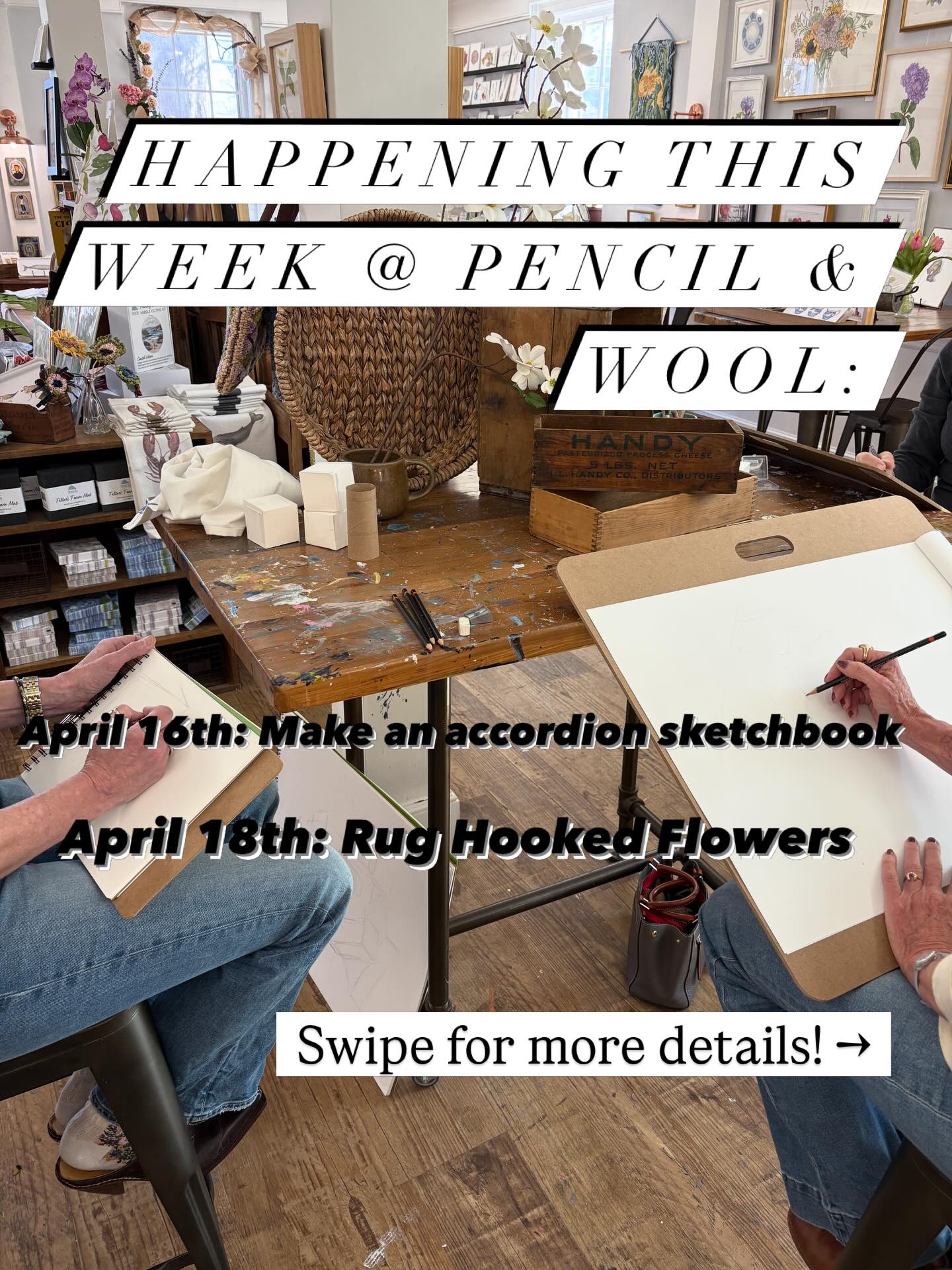 Events happening this week at Pencil & Wool! Sign up online at www.pencilandwool.com or give us a call! All events are beginner friendly and, as usual, we will have snacks!! See you there!🩷