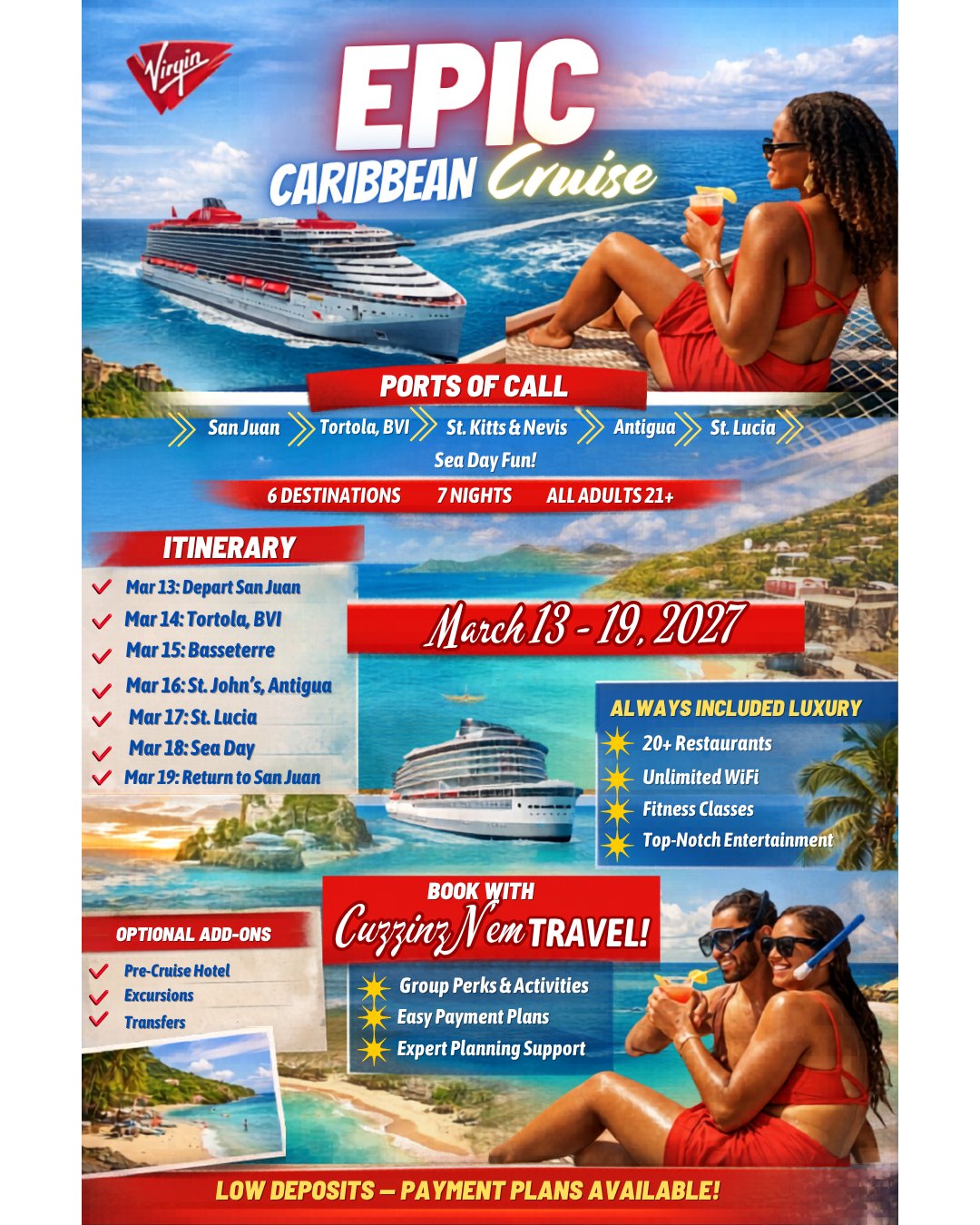 🚨 STOP SCROLLING — THIS IS NOT A DRILL 🚨
🚢✨ CUZZINZ VOYAGE 2027 IS CALLING YOUR NAME!
If you’ve EVER said you need a vacation…
If you’ve been WAITING on the right crew…
If you’re READY to step into your soft life era…
👉🏽 THIS. IS. IT. 👈🏽
🌊🥂 We’re taking over the seas with the ULTIMATE adults-only luxury cruise experience aboard Virgin Voyages — where the vibes are unmatched, the energy is nonstop, and the memories hit DIFFERENT 💃🏽🔥
🎉 THIS AIN’T YOUR AVERAGE CRUISE… THIS IS A WHOLE EXPERIENCE:
✨ Lit theme nights that don’t miss
🍹 Rooftop cocktails + poolside day parties
🎭 Next-level shows & surprise pop-ups
🌅 Sunsets that belong on your IG feed
🙌🏽 Grown, sexy, no kids… NO LIMITS
💥 AND BABYYYY THE DEAL?! 💥
🖤 80% OFF your 2nd Sailor
🖤 EXTRA 10% OFF inside the Cuzzinz Circle
🚨 Let’s be clear: THIS is one of those “book now, thank me later” deals
Once it’s gone… it’s GONE.
✨ SOLO? SAY LESS.
Pull up by yourself and STILL have the time of your life 👏🏽
This is where strangers turn into travel besties REAL QUICK 😌
📍 Everything you need is waiting for you:
Itinerary ✔️ Pricing ✔️ Payment plans ✔️ Cabin options ✔️
👉🏽 Secure your spot NOW before we sell OUT:
https://bit.ly/CuzzinzVoyage2027
📣 LET’S SEE WHO REALLY OUTSIDE IN 2027:
🚢 Drop a 🚢 if you READY to turn up at sea
🖤 Drop a 🖤 if you LOVE a good deal
👀 Tag your travel crew (don’t let them miss this!!)
#CuzzinzVoyage2027 #CuzzinzTakeover #AdultsOnlyVibes
#VirginVoyages #TravelWithCuzzinz #SoftLifeLoading
#SoloTravelEnergy #LuxuryOnABudget #PartyAtSea
#BlackFridayDealStillLive #BookedAndBusy