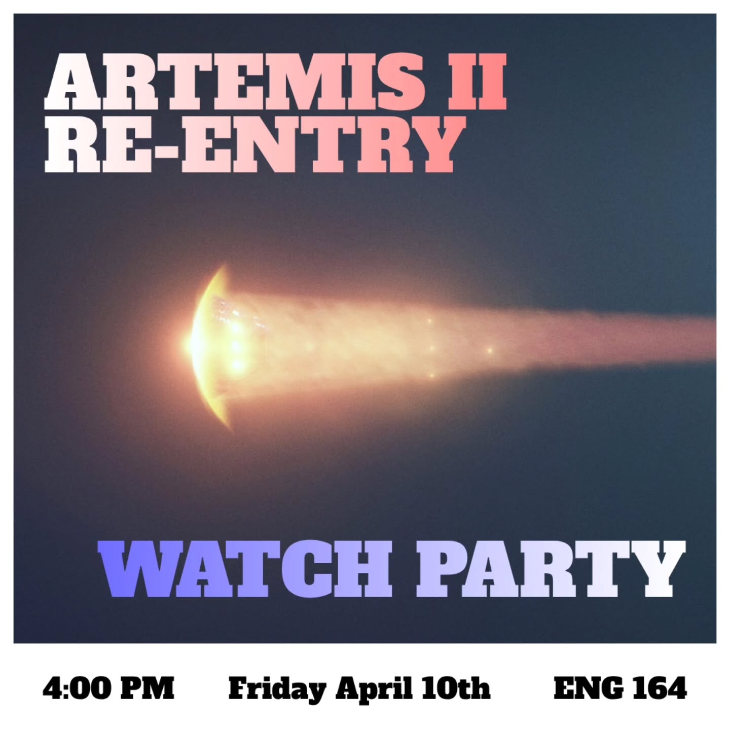 SPACE IS SO HERE!!! (always been, never left)
Come watch the re-entry of the Artemis II crew, this Friday, April 10th at 4pm in E164!
The Orion spacecraft will be landing in the coast of San Diego at roughly 5pm, and is said to be visible from San Jose!
Join us for pod-spotting and community bonding as we witness this once in your lifetime event!
#aiaasjsu #nasa #artemisii #orion #space