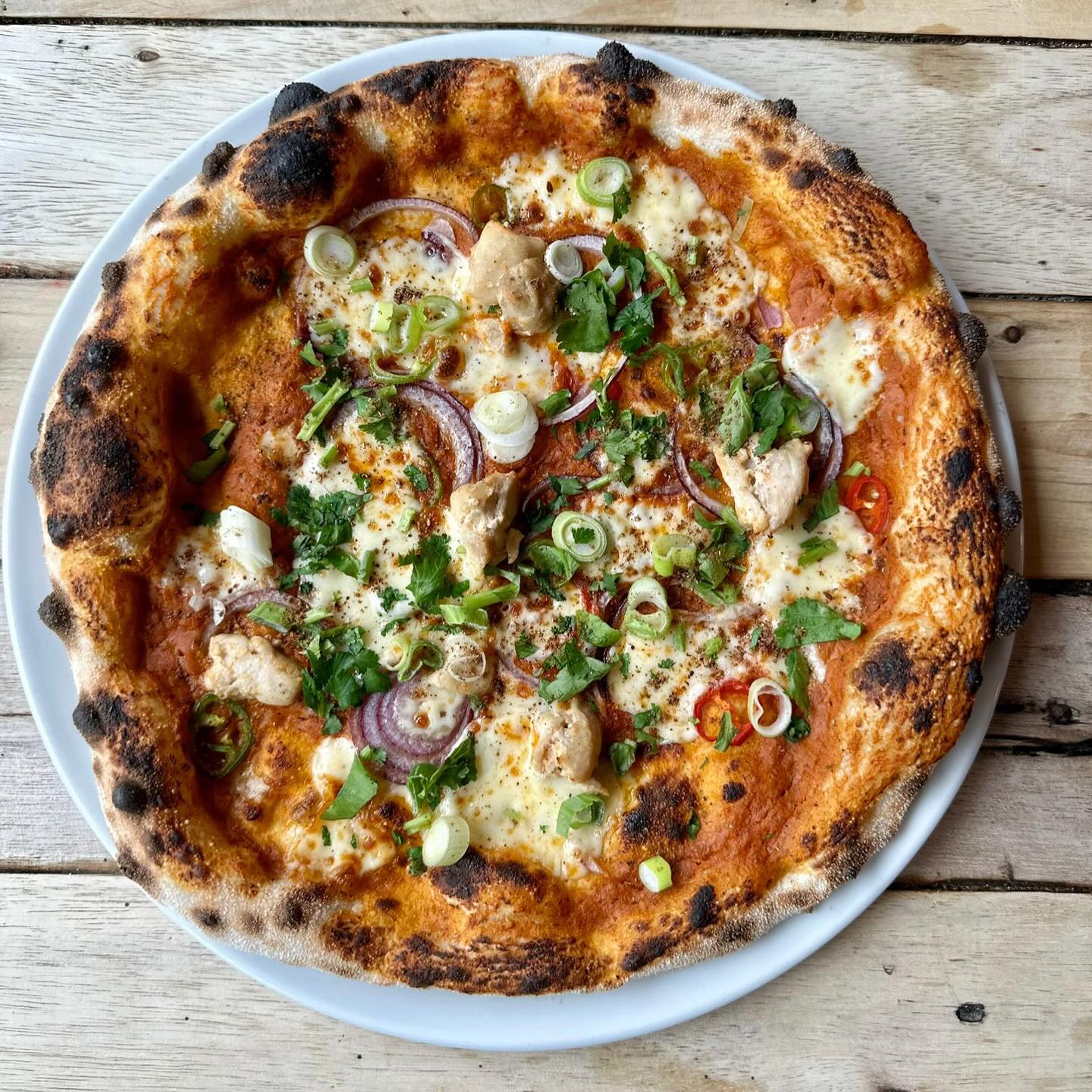 Punjab meets pizza
This month, we’re excited to collaborate with chef Kanthi from Spice Circuit Kitchen to
bring you a selection of specials inspired by the vibrant flavours of India
CHICKEN MAKHNI (Contains cashew nuts)
Makhni sauce, Fior Di latte, red onions, fresh chillies, marinated chicken, spring onions, fresh coriander, garam masala Allergens: tree nuts, dairy, wheat
PANEER MAKHNI (Contains cashew nuts)
Makhni sauce, Fior Di latte, red onions, fresh chillies, marinated paneer cheese, spring onions, fresh coriander, garam masala
Allergens: Tree nuts, dairy, wheat
AUBERGINE MASALA
Masala sauce, vegan cheese, red onions, fresh chillies, masala marinated aubergine, spring onions, fresh coriander, garam masala
Allergens: tree nuts, wheat