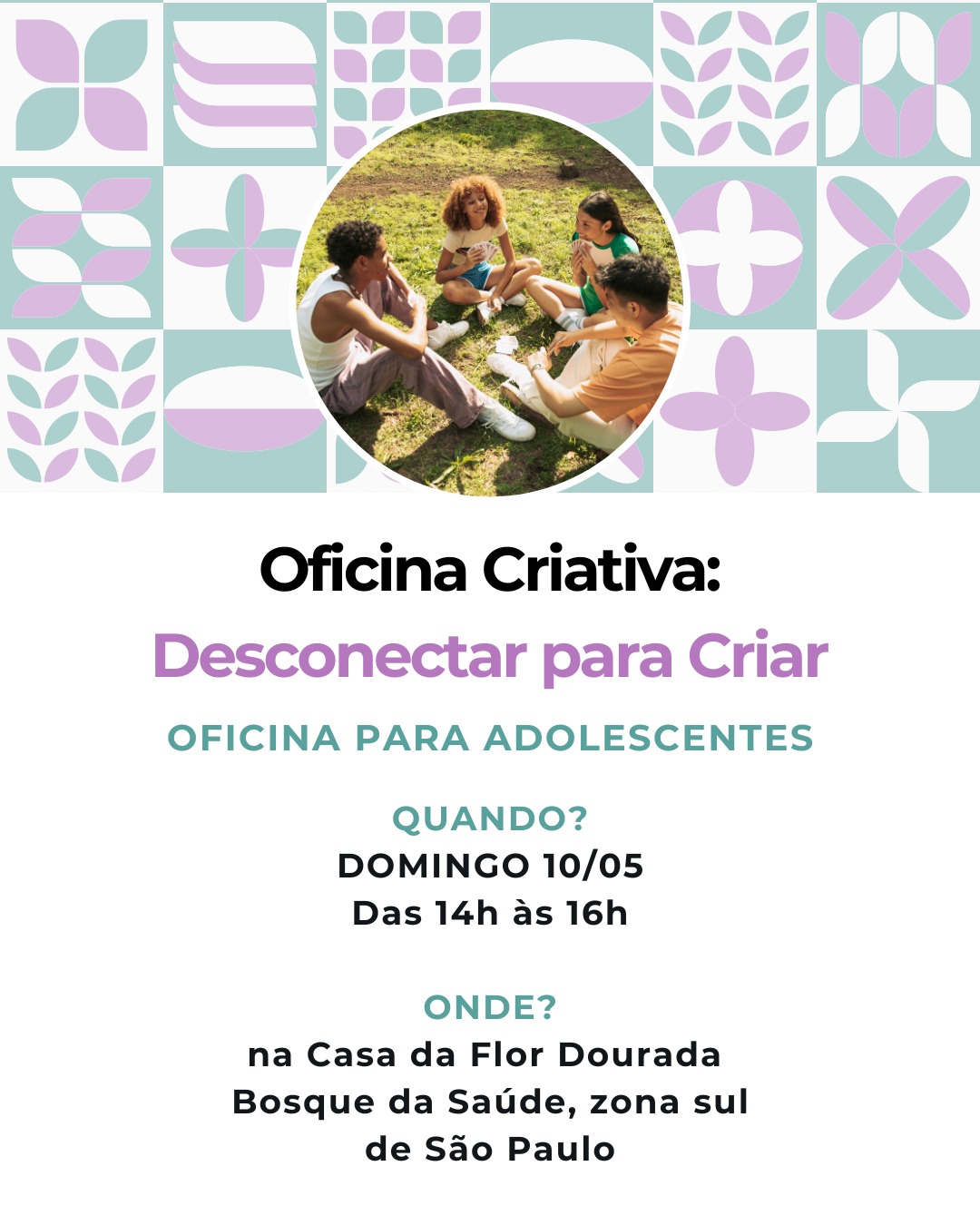 Em Maio teremos duas experiências sensíveis, criativas, com vivência musical e expressão artística, pensadas para diferentes fases da vida. 🌷 Venha experimentar um pouquinho do nosso Programa de Redução de Telas para Crianças e Adolescentes. 🎨🎼
Hoje apresentamos a oficina criativa:
DESCONECTAR PARA CRIAR 🎧
Para adolescentes de 12 a 18 anos.
Dia 10 de maio, domingo
🕒 Das 14h às 16h
na Casa da Flor Dourada:
Rua Manoel Coelho da Silva, 41 - Bosque da Saúde, SP.
Contribuição por adolescente: R$ 40,00
Valor para irmãos: R$ 35,00 (cada)
Material incluso.
Temos também vagas sociais, entre em contato para se inscrever.
A proposta integra Musicoterapia e Arteterapia e tem como objetivo ser um espaço seguro de criação, expressão e envolvimento com o mundo.
Se inscreva pelo whats:
(11) 97543 7809
Saiba mais no blog no nosso site, o link também está na bio.
https://www.terapiasparareducaodetelas.com/post/em-maio-tem-oficina-criativa-para-adolescentes