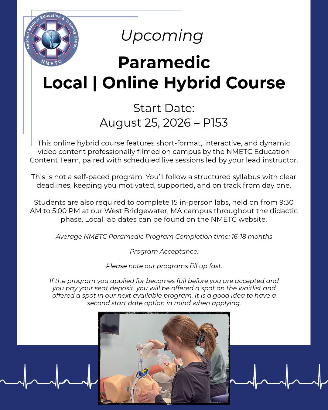 Do you want to become a paramedic? Then consider applying for our paramedic course starting on August 25, 2026. Applications can be found on our website www.nmetc.com
#NMETC #firstresponders #EMS #emergencymedicalservices #Paramedic #emseducation
