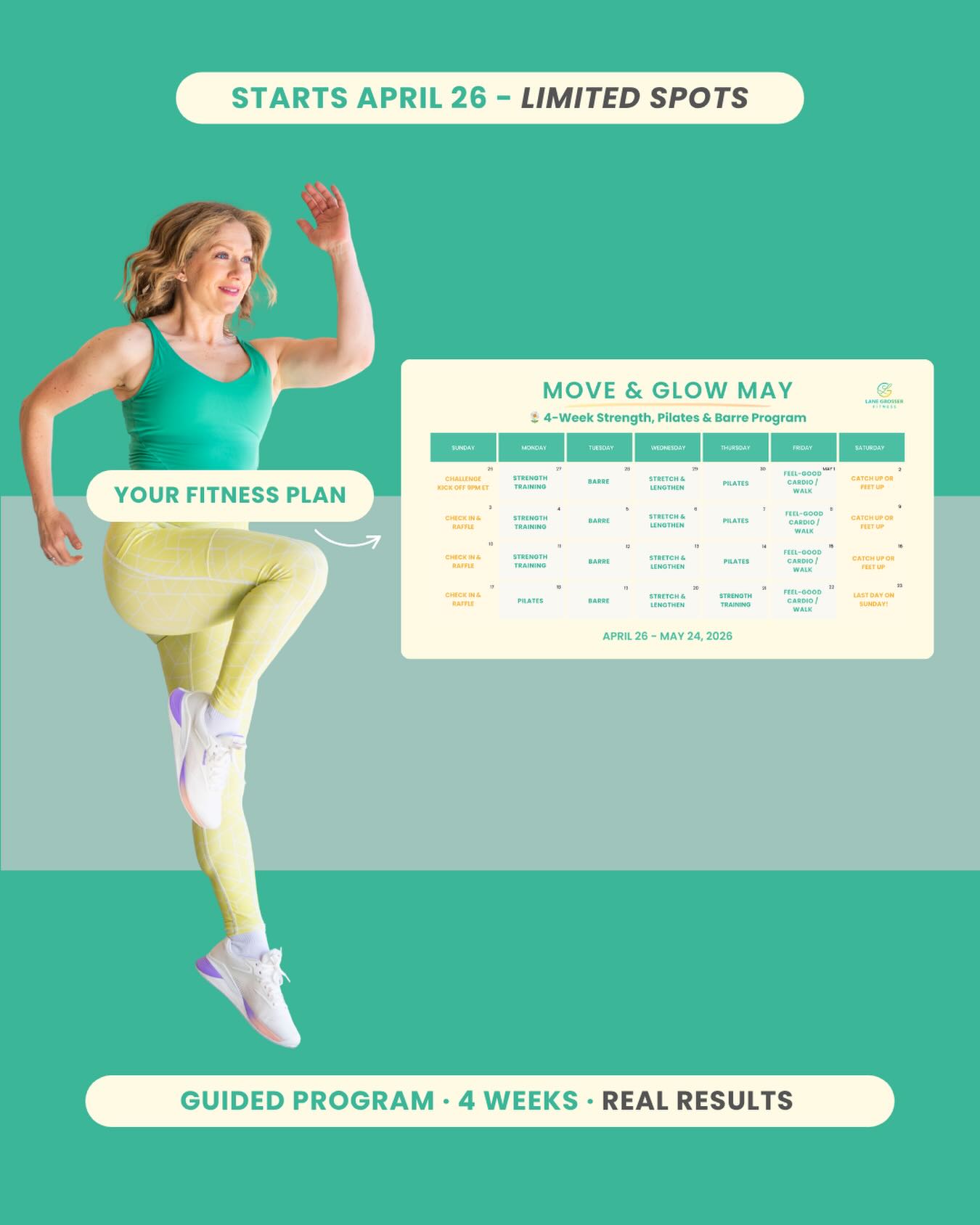 “𝗪𝗵𝗮𝘁 𝘄𝗼𝘂𝗹𝗱 𝗜 𝗮𝗰𝘁𝘂𝗮𝗹𝗹𝘆 𝗯𝗲 𝗱𝗼𝗶𝗻𝗴 𝗲𝗮𝗰𝗵 𝘄𝗲𝗲𝗸?”
𝘐 𝘨𝘦𝘵 𝘵𝘩𝘪𝘴 𝘢 𝘭𝘰𝘵.
Because it’s usually not about motivation…
👉 𝘐𝘵’𝘴 𝘯𝘰𝘵 𝘬𝘯𝘰𝘸𝘪𝘯𝘨 𝘸𝘩𝘢𝘵 𝘵𝘰 𝘥𝘰
👉 𝘏𝘰𝘸 𝘵𝘰 𝘴𝘵𝘳𝘶𝘤𝘵𝘶𝘳𝘦 𝘪𝘵
👉 𝘖𝘳 𝘪𝘧 𝘺𝘰𝘶’𝘭𝘭 𝘢𝘤𝘵𝘶𝘢𝘭𝘭𝘺 𝘬𝘦𝘦𝘱 𝘶𝘱
So here’s what Move & Glow May looks like:
✨ 5 classes / week
✨ 30 min or less
✨ 𝘗𝘪𝘭𝘢𝘵𝘦𝘴, 𝘴𝘵𝘳𝘦𝘯𝘨𝘵𝘩, 𝘣𝘢𝘳𝘳𝘦 + 𝘧𝘦𝘦𝘭-𝘨𝘰𝘰𝘥 𝘮𝘰𝘷𝘦𝘮𝘦𝘯𝘵
✨ 𝘍𝘶𝘭𝘭 𝘴𝘤𝘩𝘦𝘥𝘶𝘭𝘦 → 𝘥𝘰𝘯𝘦 𝘧𝘰𝘳 𝘺𝘰𝘶
No guessing.
No overthinking.
No “I’ll start again next week.”
Just something you can come back to — 𝘦𝘷𝘦𝘯 𝘰𝘯 𝘣𝘶𝘴𝘺 𝘥𝘢𝘺𝘴 💛
And yes…
𝘪𝘵’𝘴 𝘮𝘦𝘢𝘯𝘵 𝘵𝘰 𝘧𝘦𝘦𝘭 𝘨𝘰𝘰𝘥 𝘪𝘯 𝘺𝘰𝘶𝘳 𝘣𝘰𝘥𝘺
(not something you have to push through)
✨ Move & Glow May
📅 𝘈𝘱𝘳𝘪𝘭 𝟤𝟨 – 𝘔𝘢𝘺 𝟤𝟦
💛 10 spots
If you’ve been wanting something you can actually stick with… this might be perfect for you.
✨ Join Move & Glow May - Link in bio ✅