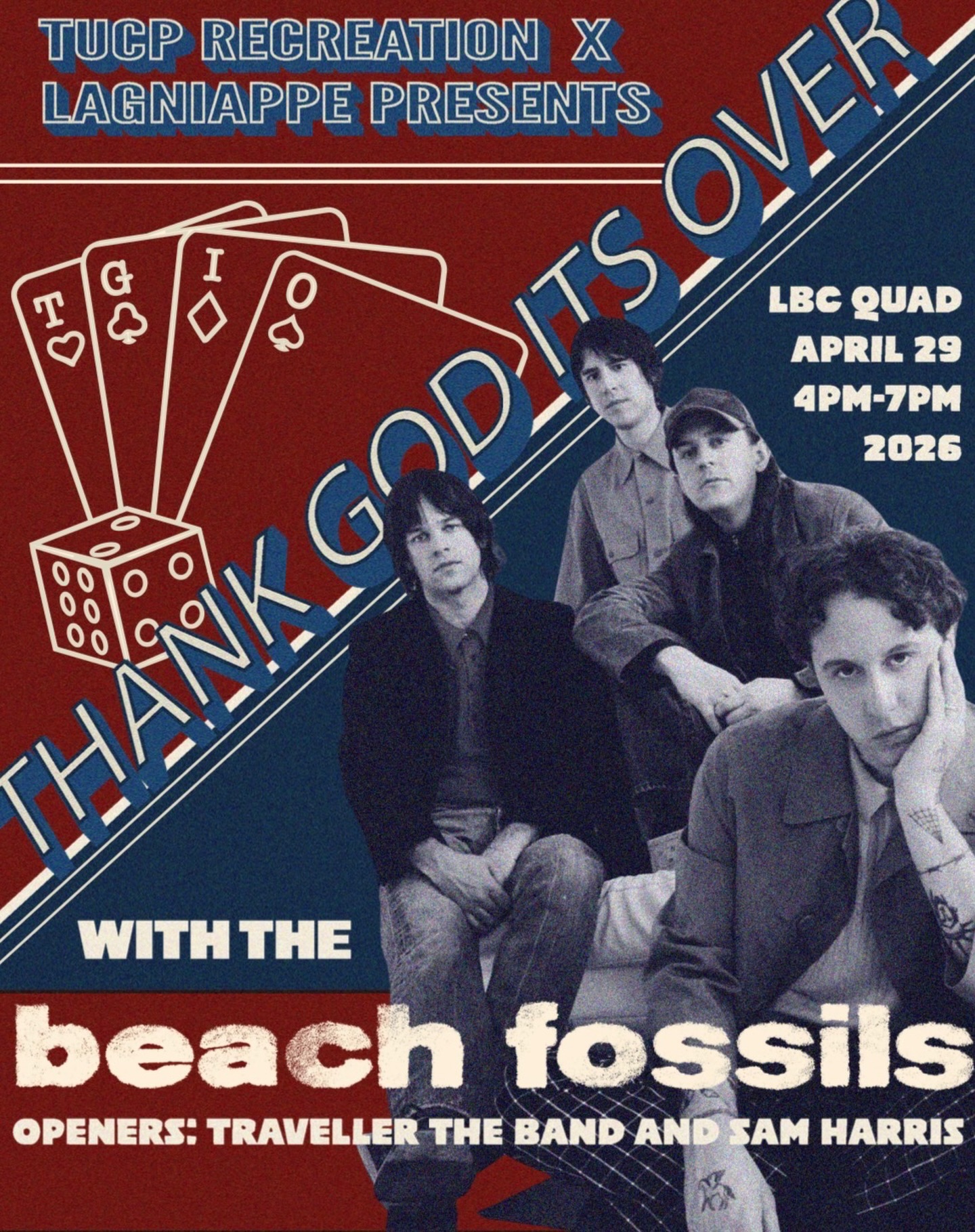 TUCP Recreation x Lagniappe cannot be more hyped to bring Beach Fossils🌊🌴 to celebrate the last day of classes and our end of year music festival TGIO. This years theme❓What Happens at TGIO Stays at TGIO🎰🤫 Enjoy opening sets from Traveller the Band and Sam Harris. Thank God It’s Over is starting at 4PM on April 29th on Brown Field. Stay tuned for the complete event schedule which will include set times and giveaway times👏
There will be free merchandise, food trucks, and giveaways available to all attendees ‼️ More posts to come with those details! Celebrate the last day of classes with us and look out for more information on student and local vendors🚙