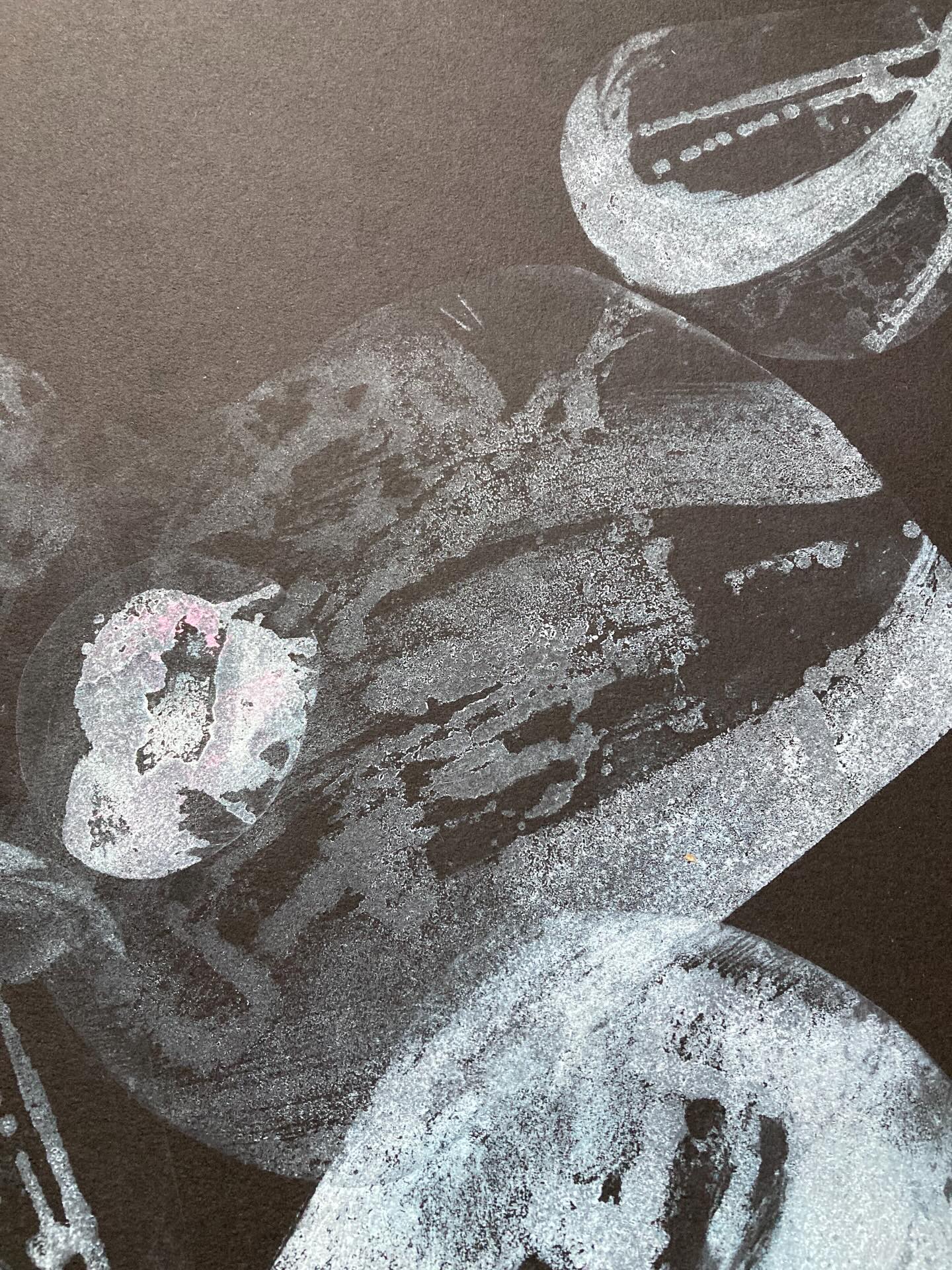 Spooky switcheroo. White ink on black paper. More experimentation needed to get a denser coverage. Interesting all the same. Glacial flour carborundum on Arches BFK Rives Noir 280 gm.#printmakersofinstagram#blackandwhite