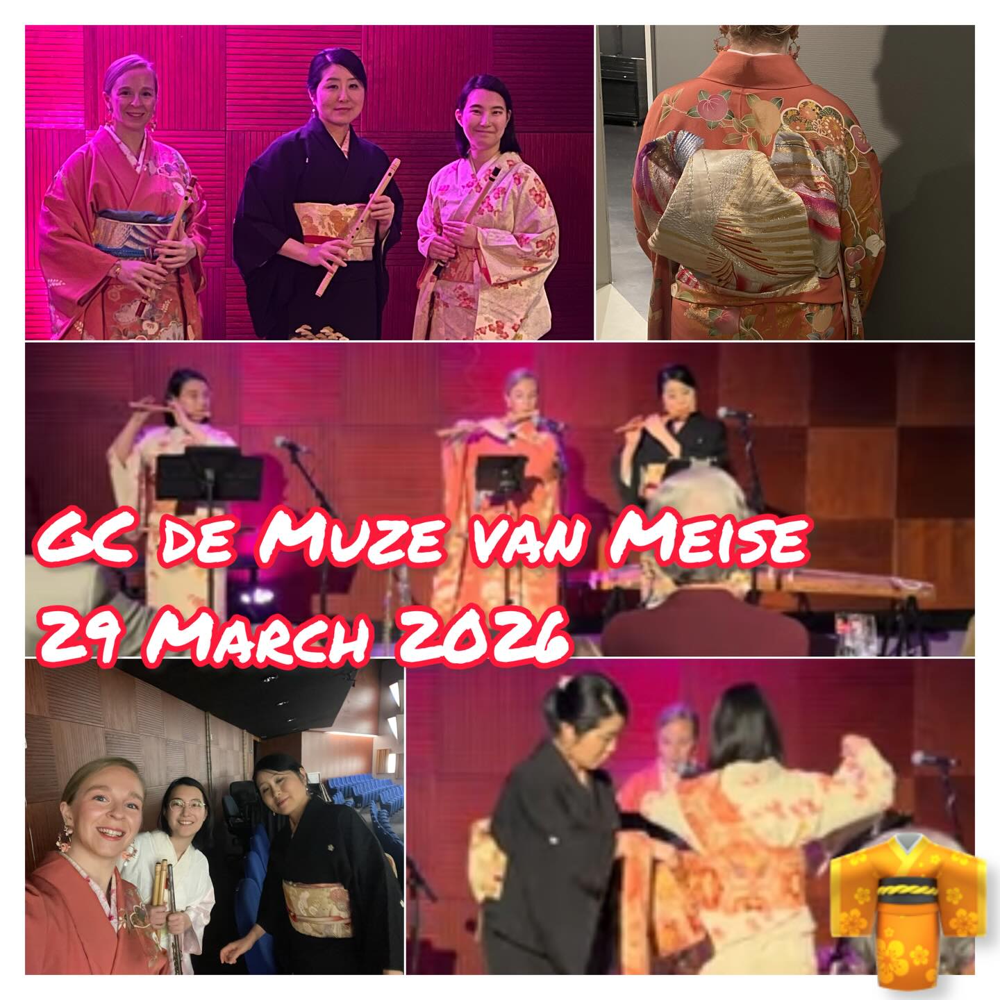 There was our concert on January 20th at GC de Muze in Meise (Belgium), and on March 29th in Lille (France) for Nuit Japonaise.
A programme exploring Japanese traditional melodies alongside more contemporary approaches, with different instrument combinations including koto and Western flute.
In Meise, we also presented a kimono dressing demonstration.
A warm atmosphere at both events, with an audience genuinely curious and attentive.
⸻
#Shinobue #JapaneseMusic #musiquejaponaise #NuitJaponaise #brussels