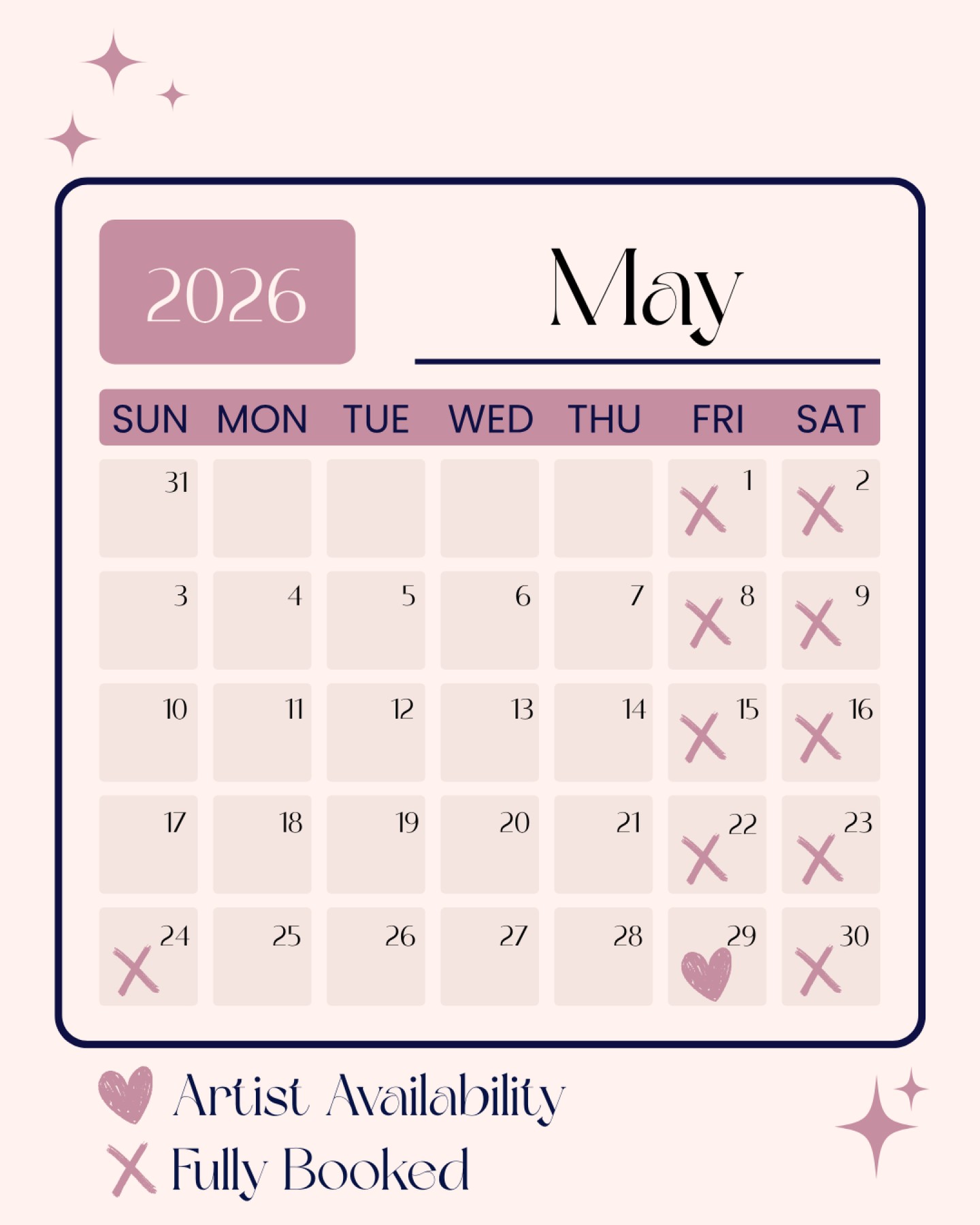Updated Calendar as of April 2026!
Still looking for a talented beauty team for your big day?! We still have some limited availability.
We've added in our Friday openings as well, please note we also have Sunday & weekday availability by request.
We would love to work with you for your special day, feel free to head to our website to learn more & fill out an inquiry form or shoot us a DM!
Cheers 🥂