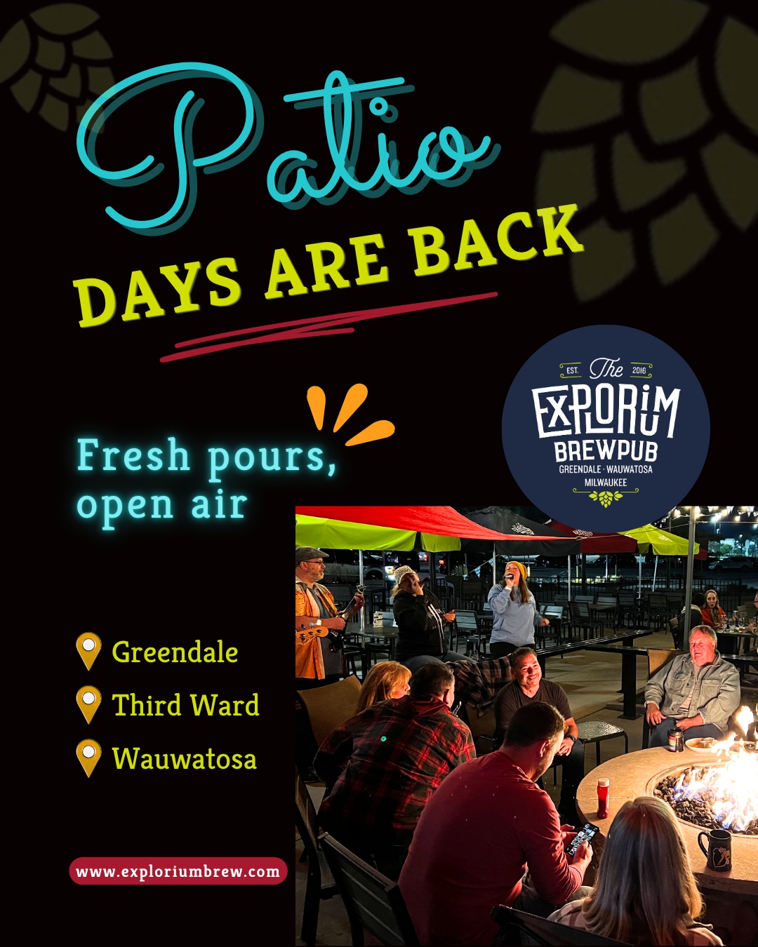 🍺The patios at The Explorium Brewpub are ready for those perfect (and not so perfect) spring days when being outside just makes everything better. With open-air seating, fire tables, and fresh pours of house-brewed beer, it's a great spot for laid-back afternoons and relaxed evenings with good food and good company.
Step outside and spend your next visit at The Explorium Brewpub, find a patio seat, and enjoy a fresh pour in the open air.
🌐 Click the link in the bio
#exploriumbrew #exploretastediscover #supportlocal #visitmke #milwaukee #craftbeer #whiskeybar