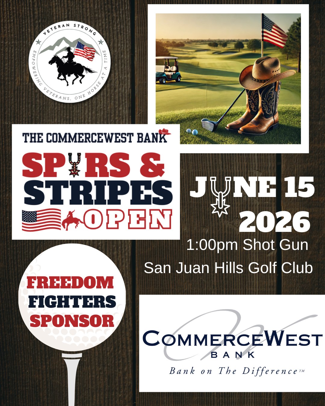 Big news for Spurs & Stripes Open 2026, The CommerceWest Bank is officially returning as our Freedom Fighters Sponsor and exclusive headlining partner.
A special thank you to The CommerceWest Bank for leading the way as our highest-level sponsor. Your leadership and generosity are not only making this event possible, but helping us reach more veterans and families with life-changing support.
Your partnership sets the tone for the entire tournament, and your continued commitment to honoring those who’ve served truly inspires everything we do. Because of you, we’re able to keep empowering veterans, one horse at a time.
We’re proud to have you leading the charge again this year.
Join us in making an impact:
https://www.veteranstrongusa.com/spurs-and-stripes-2026
#SpursAndStripesOpen #VeteranStrongUSA #TheCommerceWestBank #SupportOurVeterans #EquineTherapy #NonprofitEvents #CommunityImpact #GolfForGood