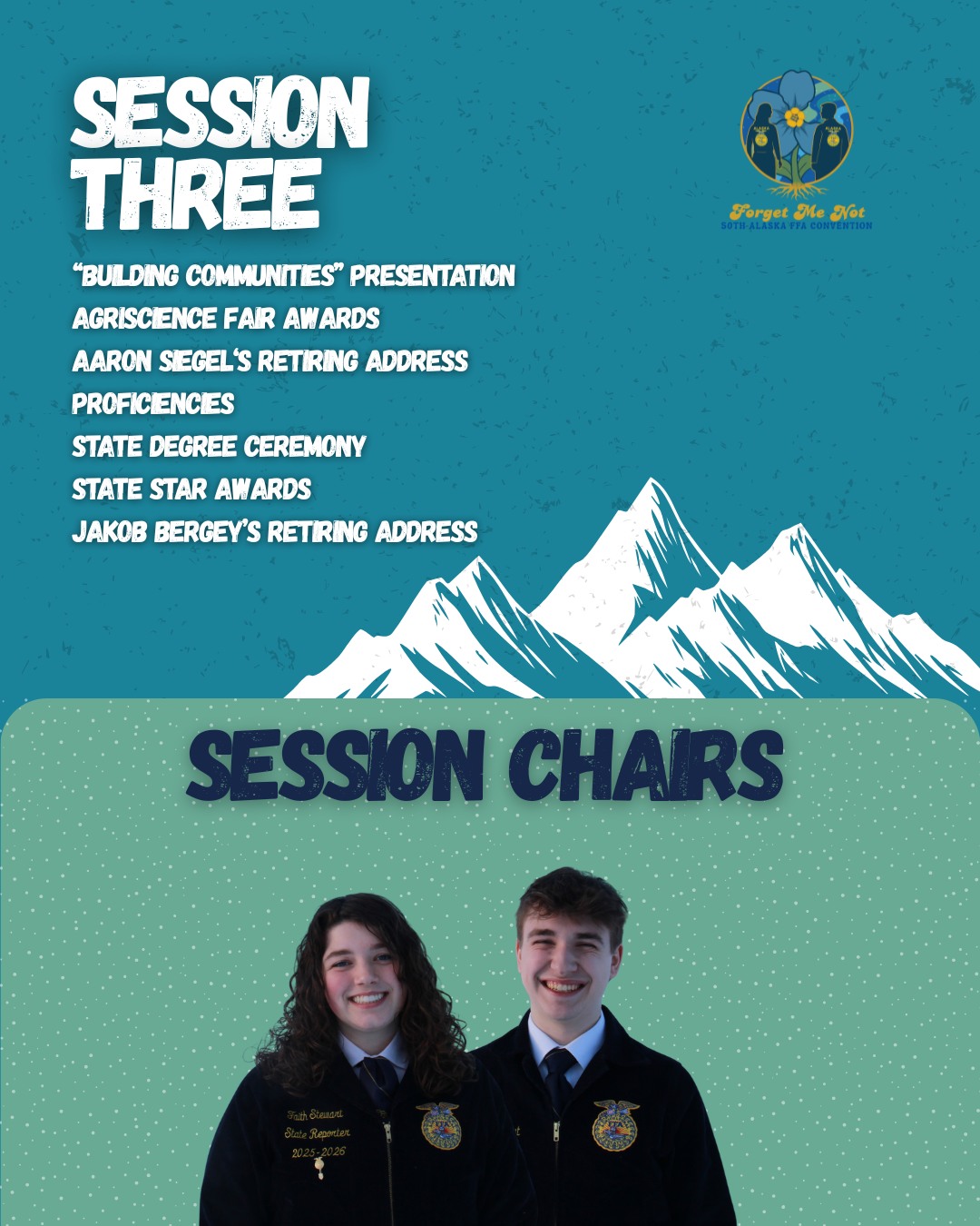 Join us in Session Three!
Pre-Session at 6:00 PM
Session Starts at 6:30 PM
Not able to be in person? Join us Live on YouTube at "Alaska FFA Association"