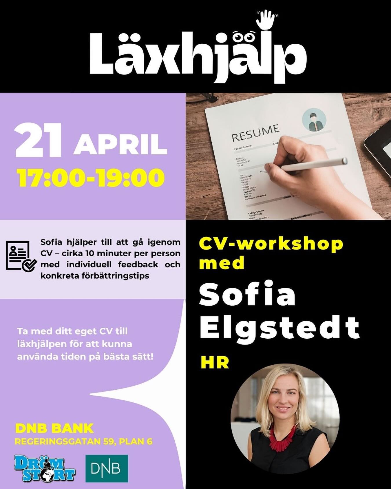Behöver du hjälp med ditt CV? ✍️
Kom på vår CV-workshop och få personlig feedback av en HR-expert!
📅 21 april
⏰ 17:00–19:00
📍 DNB Bank, Regeringsgatan 59
Ta med ditt CV och få konkreta tips på hur du kan förbättra det och sticka ut i jobbsökandet.
DM för anmälan!
#cvhjälp #jobbcoachning #karriärtips #jobbsökande framtid