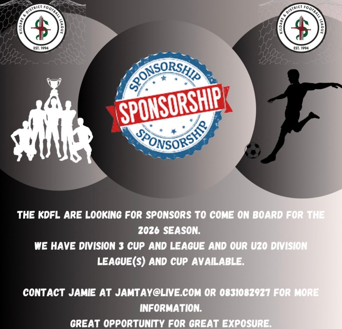 Still on the lookout for sponsors for our division 3 league and cup and best seasons u20 divisions and cups
Pm me or WhatsApp 0831082927
