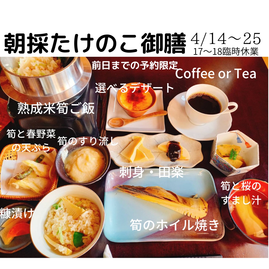 今年もたけのこお膳が始まります。
すでに予約をたくさんいただいていて、予約可能日は
22水 3つ
24金 6つ
25土 2つ
となっています。
こちらは、朝筍を掘ってくるので、前日までのご予約が必須です。
筍をいろいろな食べ方で提供します。
特にすり流しは毎年好評です。
ご飯は1合入ってます。
多ければ、ご飯は、お持ち帰り可能です。ほかのおかずは、お持ち帰りできません。
こちらのメニューは、ビーガン対応で作っています。おすましだけ鰹が入っていますが、苦手な方はご予約時(前日まで)にお伝えいただけば、ビーガンだしのご用意も可能です。
当店は、お醤油以外の小麦の使用はありません。
お値段は、デザート&ドリンク付きで2026年も頑張って4000円(税込み)での提供です。
もちろんいつものマクロビランチプレートもやさまるカレ