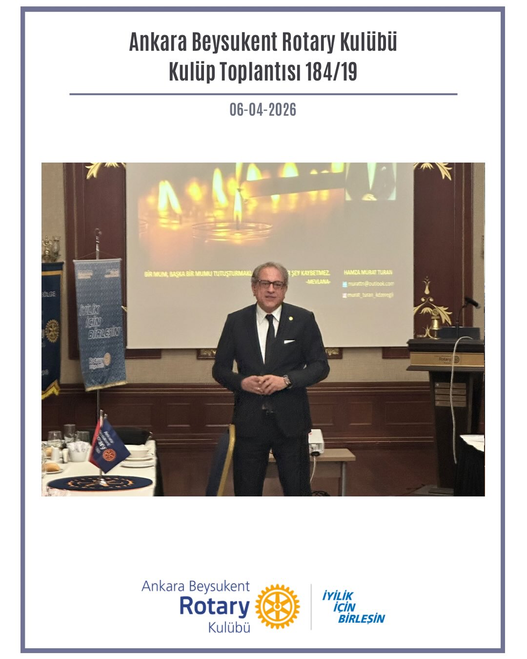Kulübümüzün 184., iyilik için birleştiğimiz dönemimizin 19. Toplantısını 6 Nisan’da gerçekleştirdik. Dönem Başkanımız Rtn. Necmettin Yeta’nın saygı duruşu ve İstiklal Marşı ile açtığı toplantımız mutlu günlerin okunması ile devam etti. Atatürk’e Gidiyorum, Anadolu Medeniyetleri Müzesi Gezisi ve İkiz Kulüpler projelerine katılan dostlarımıza ve komite başkanlarına sertifika takdiminin ardından, 20. Grup Kulüplerden Sorumlu Guvernör Yardımcısı Rtn. Murat Turan’ın “Rotary Bize Ne Katar?” konulu sunumunu dinledik. Toplantımızda bizlerle olan dostlarımıza ve misafirlerimize teşekkür ederiz.
——————
We held our club’s 184th meeting, the 19th gathering of our term dedicated to uniting for good, on April 6. Our meeting was opened by our Term President, Rtn. Necmettin Yeta, with a moment of silence followed by the Turkish National Anthem, and continued with the celebration of happy occasions.
Following the certificate presentations to our members and committee chairs who contributed to the “I’m Going to Atatürk,” Anatolian Civilizations Museum Visit, and Twin Clubs projects, we had the pleasure of listening to the presentation titled “What Does Rotary Add to Us?” by Assistant Governor of Group 20 Clubs, Rtn. Murat Turan.
We would like to thank all our members and guests who joined us at this meeting.
#iyilikiçinbirleşin #Uniteforgood #Bölge2430 #Rotary #RotaryBölge2430