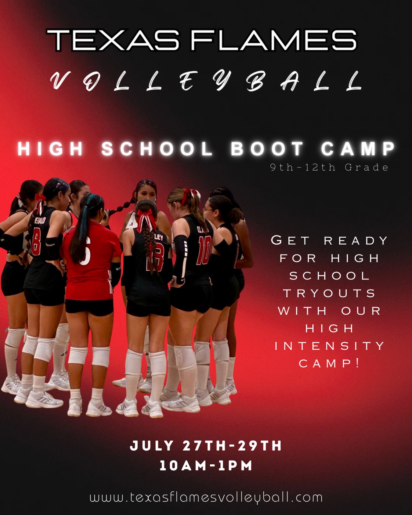 High schoolers! 🏐 Join us and be ready to work hard to prepare for high school tryouts and club season! 💪🏼
⭐️ HIGH SCHOOL BOOT CAMP @ TX FLAMES VOLLEYBALL- July 27th-29th❗️
🔥 High intensity reps
🔥 All skills
🔥 Game play
🔥 Must have playing experience
Register @ www.texasflamesvolleyball.com! You must register at least one month in advance to use the installment payment option!