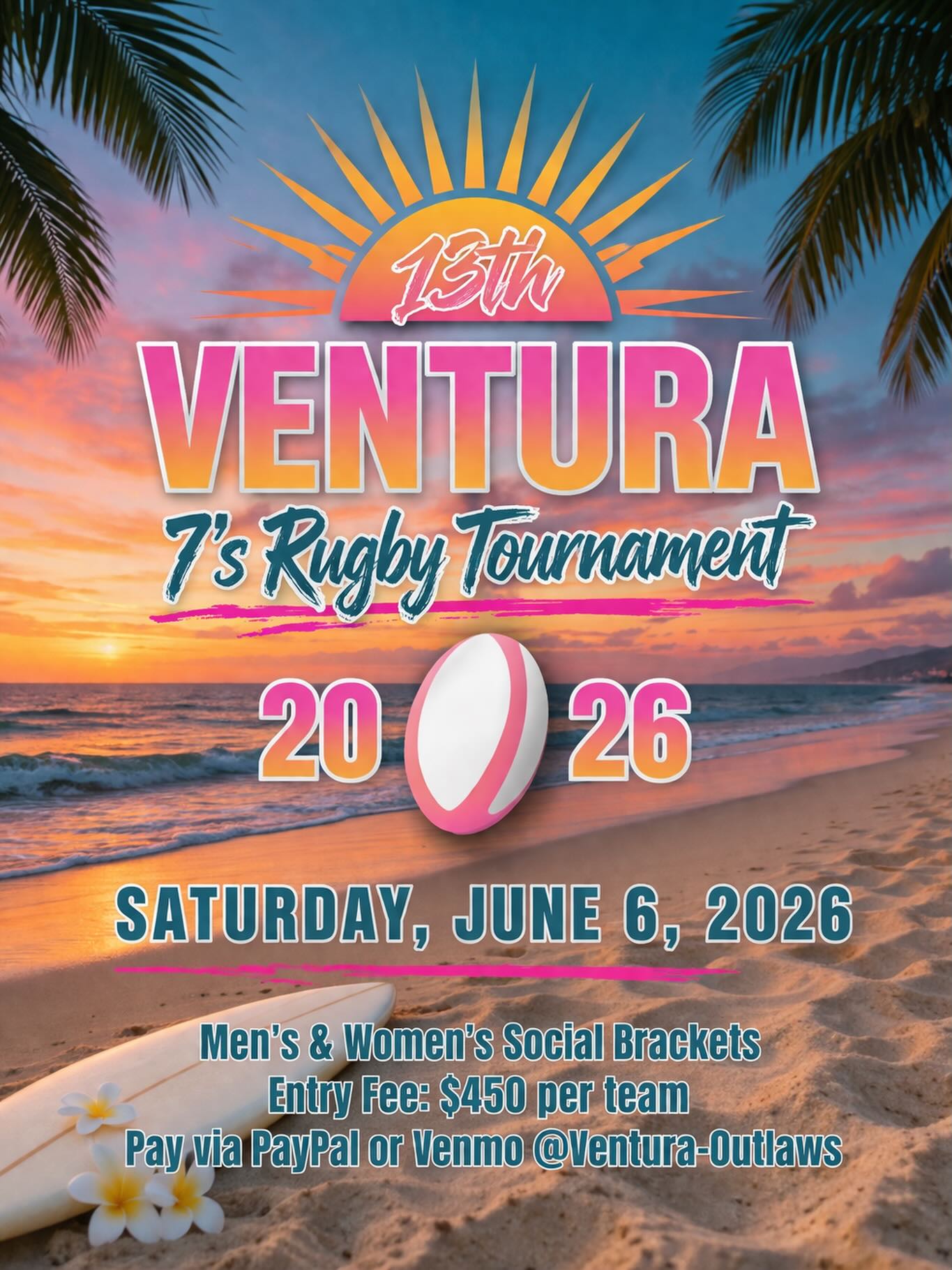 The 15s season may have come to a close, but it’s time to shift focus to the Southern California Summer 7s circuit.
Ventura County Rugby Club is proud to announce the 13th Annual Ventura 7s Rugby Tournament, taking place on Saturday, June 6 at Arroyo Vista Community Park in Moorpark!
This year’s tournament will feature both Men’s and Women’s divisions, with matches being played across multiple fields, providing a full day of competitive, high-tempo rugby.
Registration is now OFFICIALLY OPEN and will close on Wednesday, June 3, or once all team spots have been filled. Please note that space is limited, and divisions will move to a waitlist once capacity is reached.
For registration and additional information:
Go to our website : venturacountyrugbyclub.com/summer-7s
Or email: president@venturacountyrugbyclub.com
Whether your side is preparing for upcoming qualifiers or simply looking to compete in a well-organized summer tournament, Ventura 7s is an excellent opportunity to begin the 7s season!