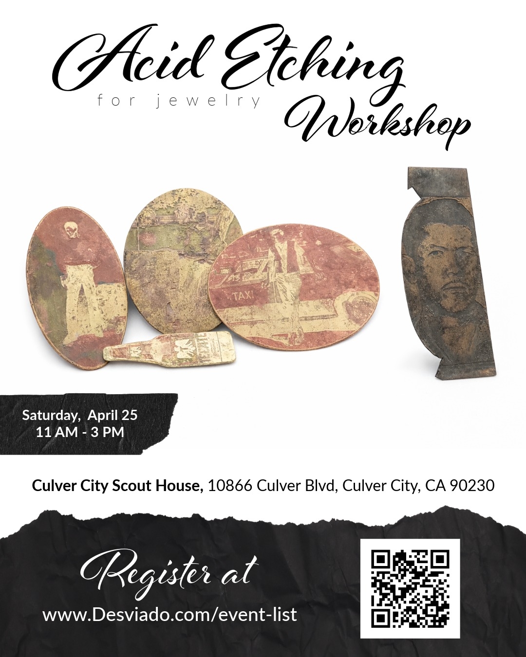 Registration is OPEN for My Next Two Workshops – Acid Etching and Precious Metal Clay ✨
Etch a Memory in Metal to Make a Sentimental Keepsake
Join me on Saturday, April 25th in Culver City, California for a hands-on, in-person workshop. After registering, send me an email with 1-3 images you'd like to transfer to metal to create an ornament that can be hung, such as a pendant or tree decoration.
Register at www.Desviado.com/Event-List to make sure your seat is saved ❤️
On Sunday, May 3rd, we will be working with precious metal clay to create a meaningful design as a token, pendant, or small figurine. This workshop is only open to Culver City Rock and Mineral Club Members.
Please feel free to message me if you have questions about these workshops.
.
.
.