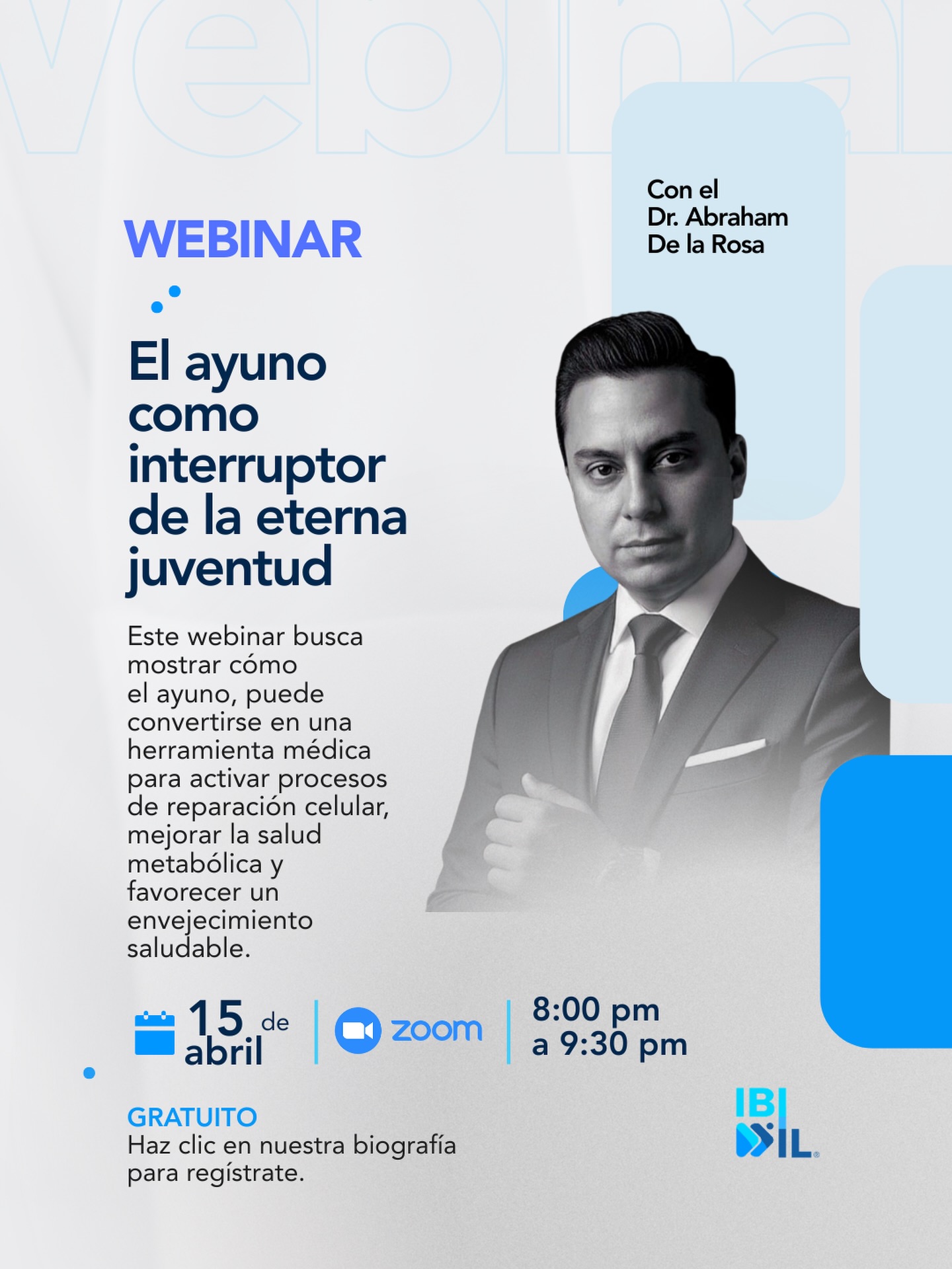 Mañana es nuestro webinar gratuito “El ayuno como interruptor de la eterna juventud”, con el Dr. Abraham De La Rosa, via zoom.
En esta formación online conocerás cómo el ayuno puede convertirse en una herramienta médica para activar procesos de reparación celular, mejorar el metabolismo y favorecer un envejecimiento saludable.
Durante hora y media, podrás actualizarte en este tema y aplicar tus conocimientos de manera inmediata.
Para registrarte, haz clic en el enlace de nuestro perfil. ☝🏻
@dr.abraham.delarosa