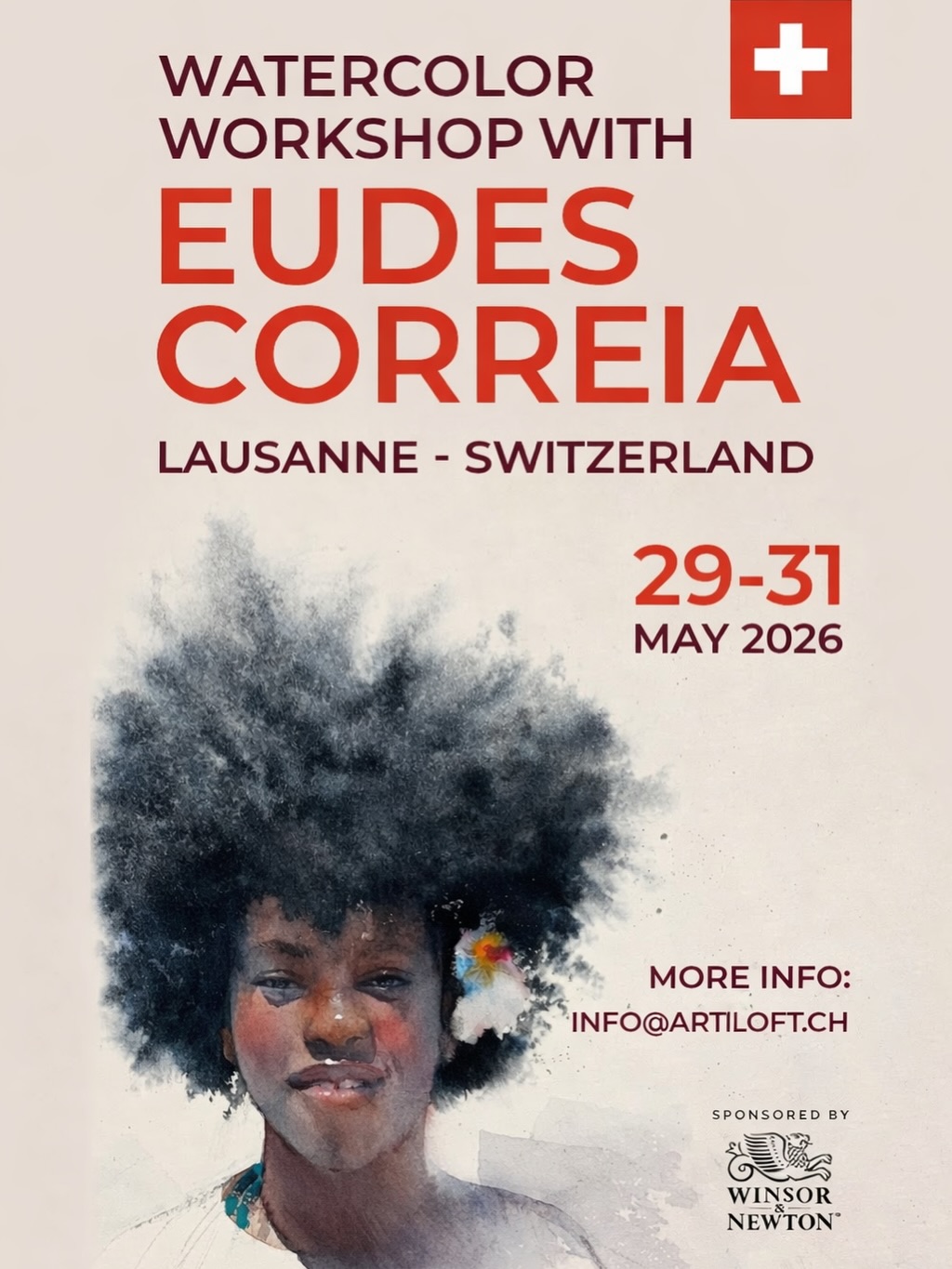 🎨 Watercolor Workshop with Eudes Correia 🎨
We are delighted to invite you to a special 2-day workshop with world-renowned watercolor artist Eudes Correia.
✨ What you’ll learn:
• Depicting the human figure & portrait using light & shadow
• Basics of anatomy
• Color contrasts
• Eudes’ unique watercolor techniques
Watch a live demonstration and receive step-by-step guidance throughout the workshop.
👩🎨 Who can join?
Suitable for beginners and experienced artists alike. Open to ages 14+
📅 Dates: May 30 & 31, 2026 (Saturday + Sunday)
⏰ Schedule (both days):
10:00–13:00 & 14:00–17:00
🖌 Program:
Day 1 – Techniques, exercises, anatomy studies, portrait work
Day 2 – Final artwork: figure painting
💰 Price: CHF 420 (materials included)
📍 Location: Artiloft, Lausanne
🌍 Languages: English & Portuguese (French translation available on request)
⚠️ Full 2-day participation required
🔗 Registration via our website is mandatory (limited spots!)
📩 Questions? Contact us: info@artiloft.ch
💡 Returning participants will explore new references and techniques.
#watercolor #artworkshop #lausanne #artclasses #watercolorart artistlife learnart creativecommunity artiloft