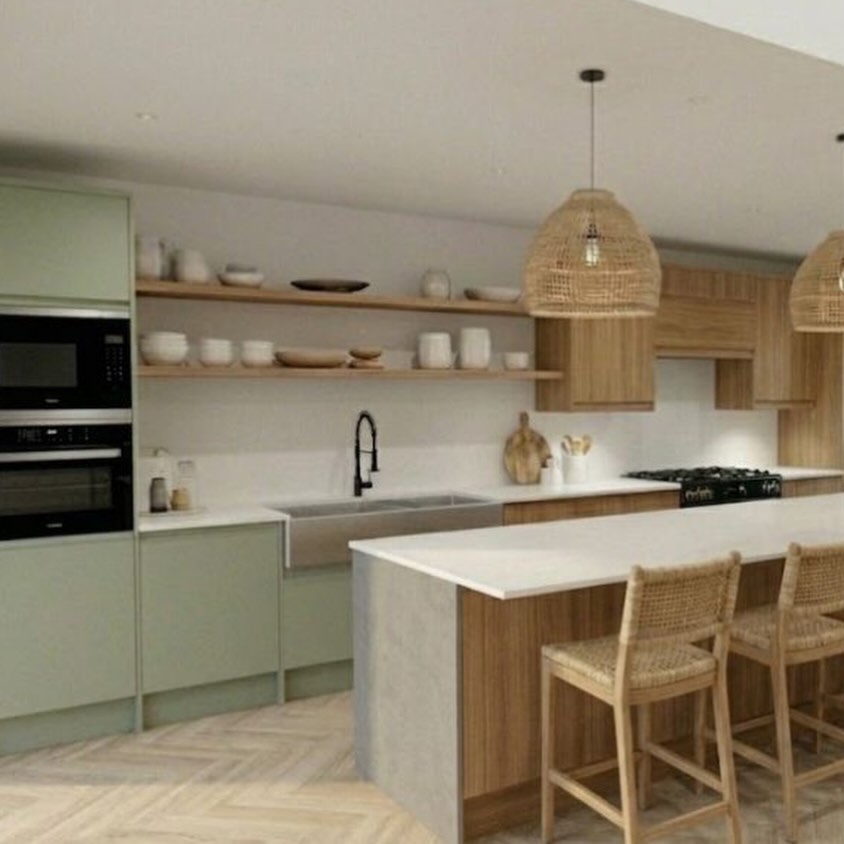 Choosing sage green and wood finish for the beautiful kitchen in my Woodside Park house project.