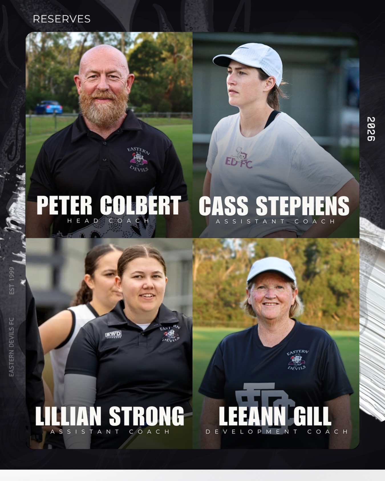 We’ve bolstered the Ressies coaching stocks this season, welcoming Peter Colbert and Lillian Strong on board.
Peter boasts an impressive resume, particularly in the W space. He joins us from Beaconsfield Junior FC… with some silverware in toe.
Strongy officially joins us after a few cameo appearances last season. She brings natural leadership qualities, as well as strong, established connections within the playing group - making her an obvious and seamless fit for the role.
Cass continues her side quest on the sidelines as an assistant coach, bringing her trademark conviction, steady presence and lived experience.
And last, but definitely not least. Gilly - the Mecca of female coaches. What would we do without her? Unsure. And we won’t know, because luckily for us she’s sticking around, where she belongs 🙌🏻