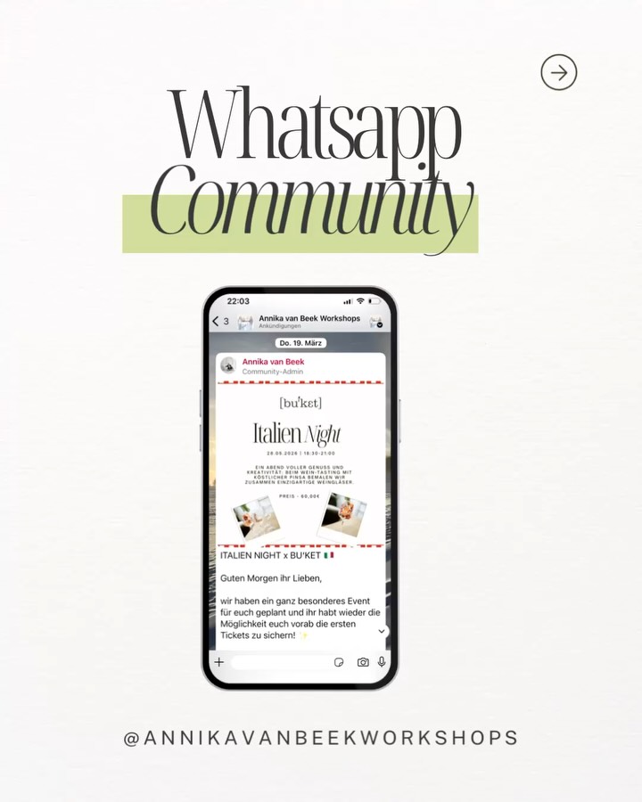 Werdet Teil unserer Atelier-Community✨
Ihr wollt noch näher an allem dran sein, was bei uns passiert? Dann kommt in unsere WhatsApp Community! 💬
Dort könnt ihr:
🖌️ Bei Entscheidungen für zukünftige Workshops mitbestimmen
📅 Neue Workshoptermine vor allen anderen erfahren
🎟️ Euch frühzeitig einen Platz sichern, bevor die Termine offiziell online gehen
Unsere Instagram-Community ist toll - aber hier seid ihr noch einen Schritt näher dran 💛
👉 Den Link zur WhatsApp Community findet ihr in unserer Bio!
Wir freuen uns auf euch!🫶🏼