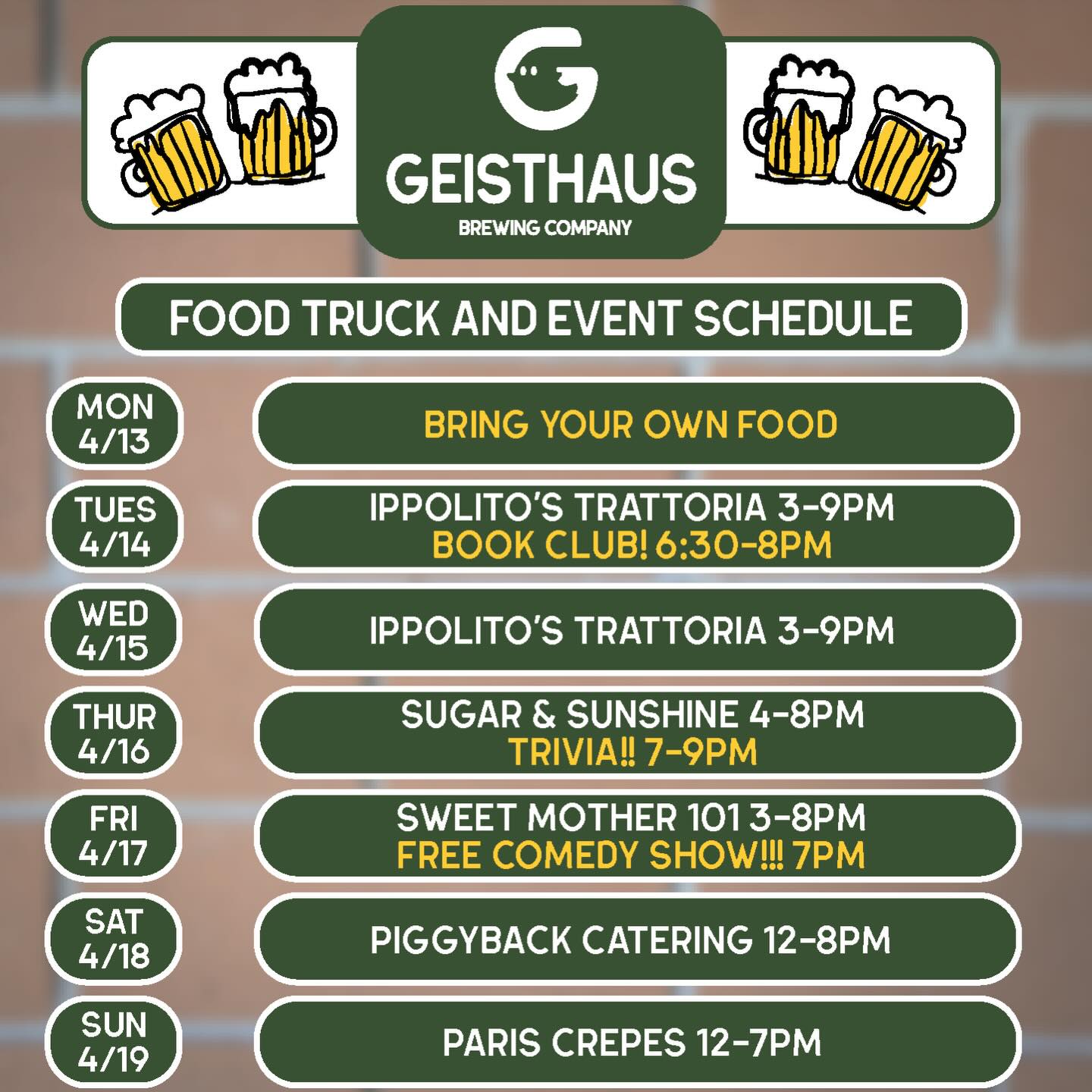 The schedule this week. We are open EVERY DAY with food from @ippolitos.trattoria , @eatsugarandsunshine , @sweetmother101 , @piggybackcatering , and @_pariscrepes_ . Check out what else we’ve got this week! 👇
———
It’s our first Book Club meeting with @waywardbooksandmore ! This week will be covering Fantasy and Science Fiction where you can come join like-minded people to chat about the first book and others that you enjoy. Going forward, the Fantasy and Science Fiction group will meet on the second Tuesday of each month, and the a separate General Fiction group will meet on the fourth Tuesday of each month. Both from 6:30-7:30pm. See you there!
———
Thursday Trivia starts at 7pm with @thinktankdtrivia_sac . Come get some killer lager, tasty food from @eatsugarandsunshine , and play some games!
———
Comedy Night returns Friday at 7pm, it’s FREE admission! We have some great comics so check out our Comedy Night post for all the details.