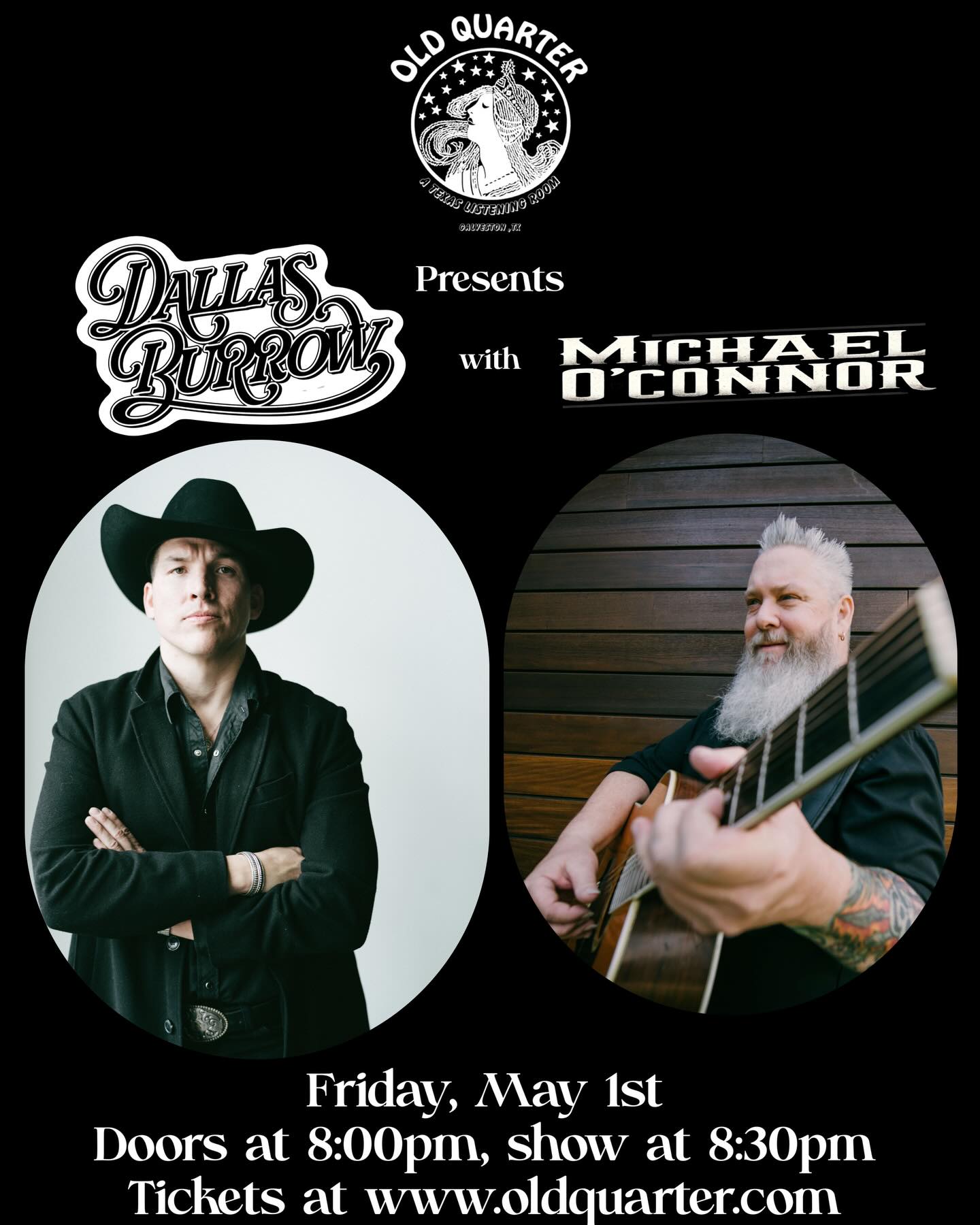 Had such a good time riding around and pickin guitars with my legendary pal Michael O’Connor @oconnormoc this weekend, we decided we’d have to get together one more time while he’s in Texas this spring, so I’m happy to announce he’ll be joining me on Friday, May 1st in Galveston, TX at @oldquarterac
Doors at 8:00, show at 8:30
Get tickets at
www.oldquarter.com or www.dallasburrow.com