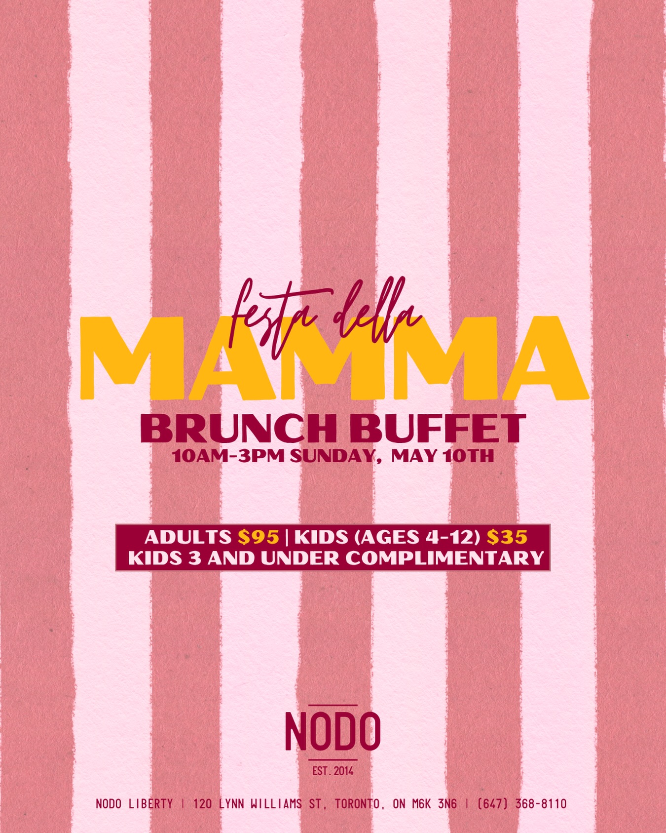 Celebrate Mom the way she deserves 🌷Join us at NODO Liberty on Sunday, May 10th from 10AM - 3PM for an elevated brunch buffet experience.
Enjoy live music and a thoughtfully curated menu with something for every craving, sweet & savoury featuring fresh housemade pastries, seasonal salads, selection of pastas, chef-selected meats & more.
Complimentary bubbles on arrival for every Mamma! 💖
Mother’s Day Brunch Buffet | $95 pp
Kids 4-12 | $35 pp
Bringing little ones? Kids 3 & under dine free! Reserve your table via the link in our bio or through OpenTable > Experiences.
NODO Junction, Hillcrest & Leslieville will be open from 12-9PM serving our regular a la carte menu with special features!
📍NODO Junction, 2885 Dundas St W
📍NODO Hillcrest, 794 St Clair Ave W
📍NODO Leslieville, 1192 Queen St E
📍NODO Liberty, 120 Lynn Williams St
#mothersday #brunchbuffet #mothersdaybrunch #brunch #todotoronto