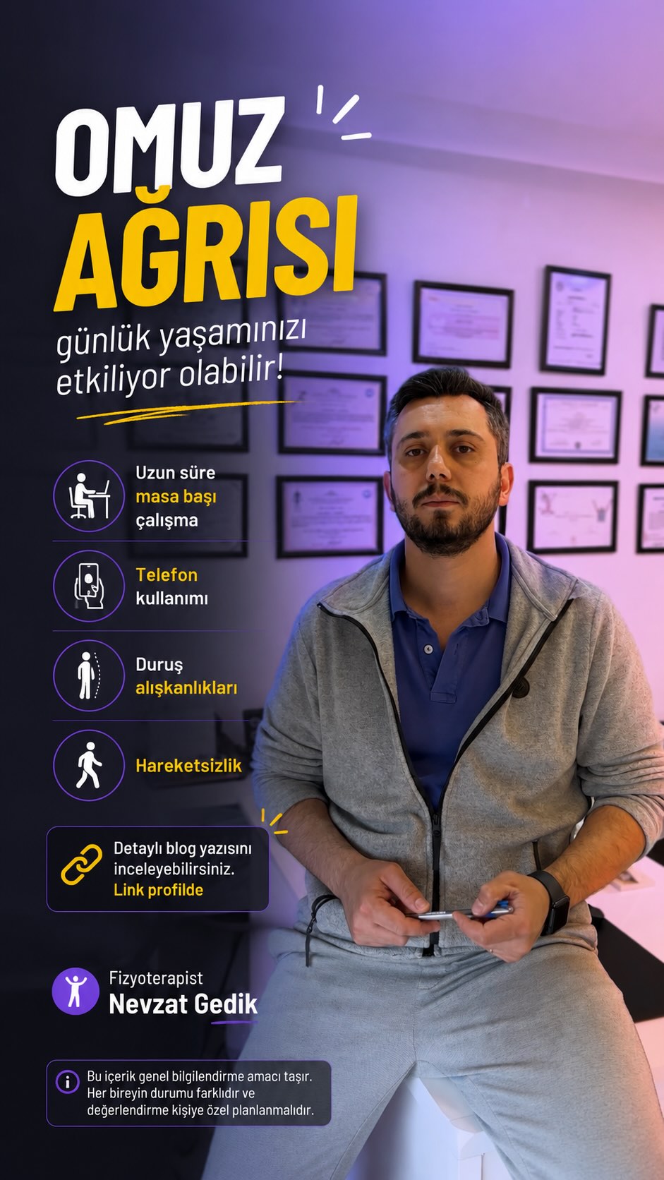 Omuz ağrısı günlük yaşamda sık karşılaşılan ve çoğu zaman alışkanlıklarla ilişkili olabilen bir durumdur.
💻 Uzun süre masa başı çalışma
📱 Telefon kullanımı
🧍♂️ Duruş alışkanlıkları
🚶♂️ Hareketsizlik
Bu faktörler omuz bölgesinde yüklenmeye neden olabilir.
👉 Konuyu detaylı ele aldığım blog yazısını inceleyebilirsiniz.
🔗 Link profilde
⸻
ℹ️ Bu içerik genel bilgilendirme amacı taşır.
Her bireyin durumu farklıdır ve değerlendirme kişiye özel planlanmalıdır.
⸻
———
Fizyoterapist Nevzat Gedik
Özel Sağlık Meslek Hizmet Birimi
📍 Yenişehir / Mersin
📞 0534 983 17 79
🌐 www.fizyoterapistnevzatgedik.com