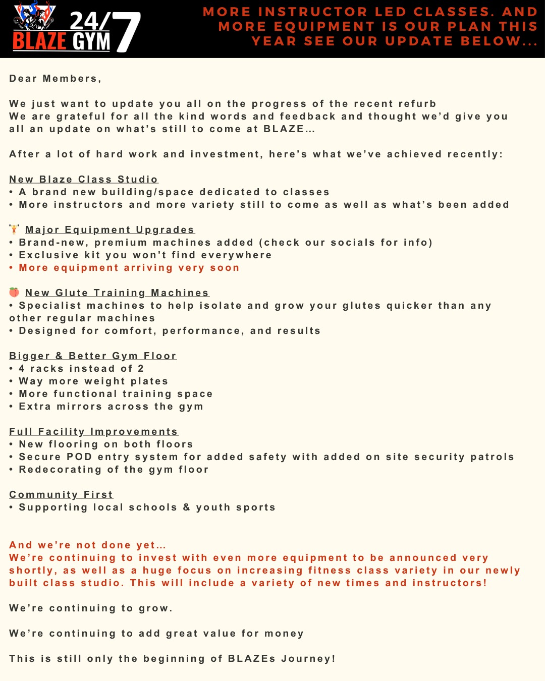 We’re so grateful to be able to announce this @blazegyms 🙌❤️
Swipe right➡️ for pics of whats been improved so far... (it's a lot!)
A complete new fit out on both floors, an additional building and new machines!!! A huge thanks to all our members and we hope to have even more great news very shortly!!!
More classes and more equipment is the plan, and more information is in the update!☝️