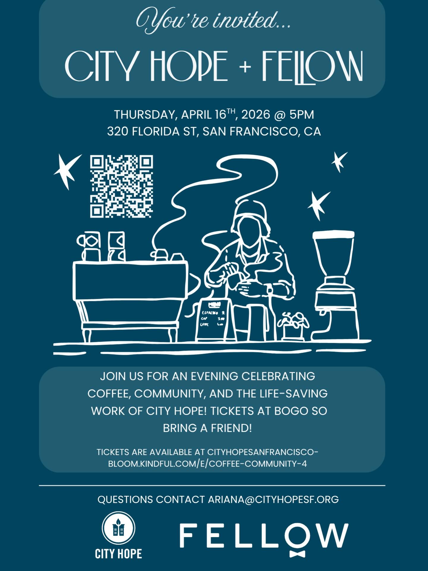 🚨 LAST CHANCE 🚨
Our event with Fellow is happening TOMORROW! Don’t miss out, this is your final opportunity to grab tickets 🎟️
To celebrate, we’re offering a BOGO deal (buy one, get one FREE) 👯♀️ So bring a friend and join us for an unforgettable evening ✨
📅 Thursday, April 16, 2026
🚪 Doors open at 5 PM | Program begins at 6 PM
📍 Fellow Products | 320 Florida Street
Get your tickets using the link in bio!
#CityHopeSF #SanFranciscoEvents #Community #EventsSF #ThingsToDoSF