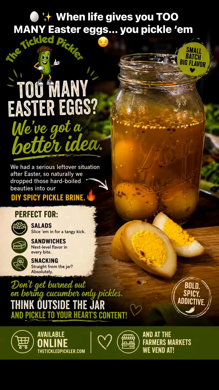 🥚😏 Too many Easter eggs? We had the same problem…
So we did the only logical thing—we pickled ‘em 🔥
Now they’re:
🥗 Salad-ready
🥪 Sandwich-approved
⚡ Snack-level dangerous
Don’t get stuck in a cucumber-only mindset… pickle whatever your heart desires 💥
Grab our DIY No Cukes Given Spicy or Sweet Pickle Brines online or catch us at ATL area farmers markets or visit us online at www.thetickledpickler.com 💚
And turn Bland into Grand!
#thetickledpickler #pickleallthethings #livevinegar #DIYPickles #atlfarmersmarkets #nocukesgiven