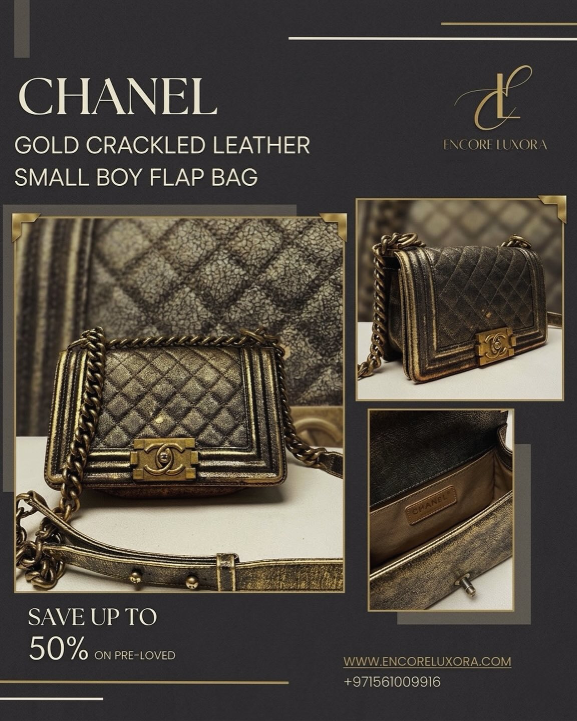 Own a piece of fashion history with this stunning Chanel Gold Crackled Leather Small Boy Flap Bag. The unique crackled finish gives it a vintage edge, while the iconic structured silhouette makes it perfect for effortless day-to-night elegance.
✨ Pristine pre-loved condition
✨ Up to 50% off retail
Sustainable luxury never looked this good. Shop via
📞 WhatsApp us: +971 56 100 9916
🌐 Browse more: www.encoreluxora.com
#ChanelBoyBag #LuxuryResale #ChanelLovers #PreLovedLuxury #dubaifashion