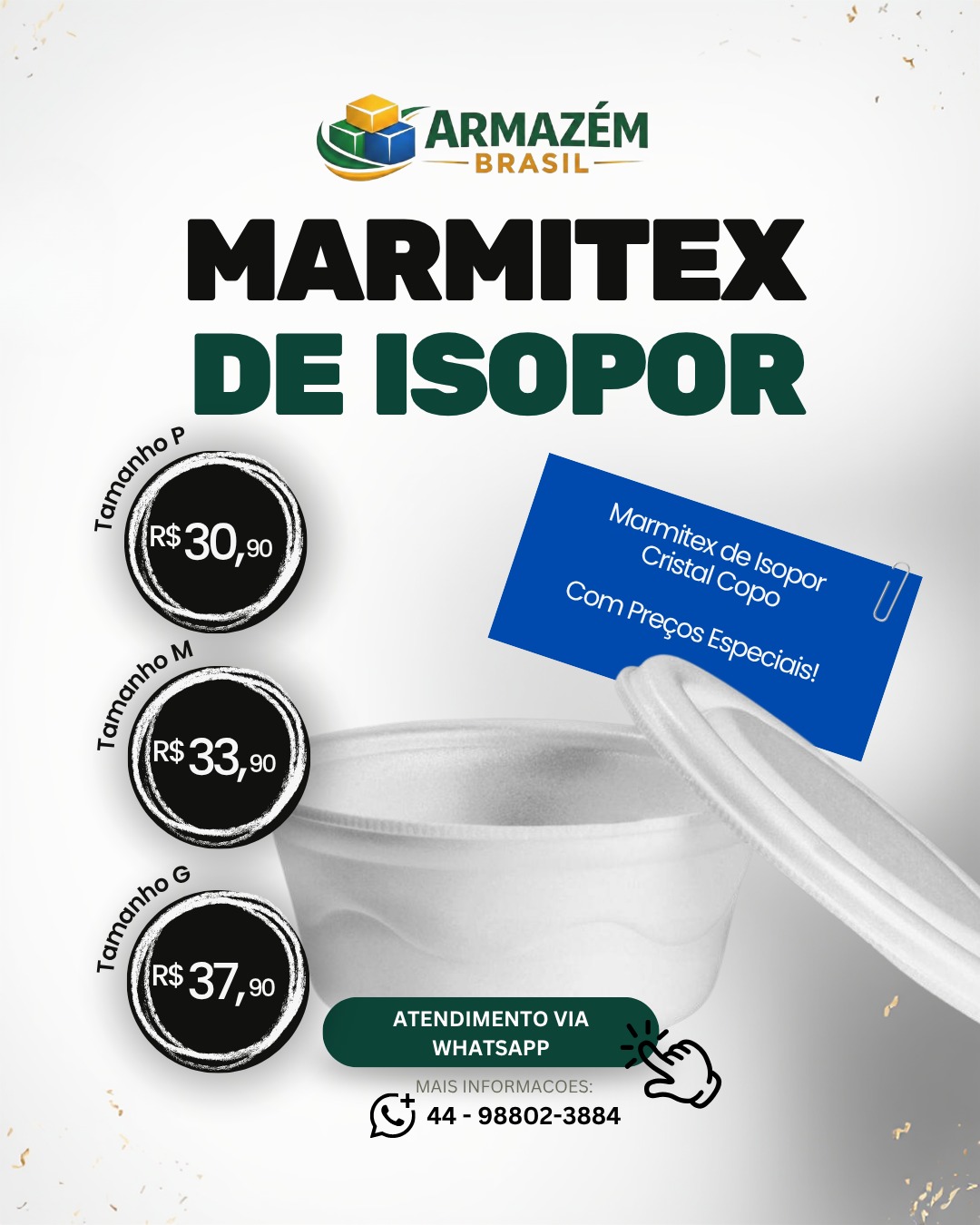 Se você trabalha com delivery ou marmitas, essa é a oportunidade de economizar de verdade 👇
✅ Tamanhos disponíveis:
• P: R$30,90
• M: R$33,90
• G: R$37,90
💰 Qualidade + preço competitivo pra você lucrar mais no seu negócio!
🚚 Entrega GRÁTIS em Maringá nas compras acima de R$199
📦 Ou retire direto com a gente
⚠️ Oferta válida até 30/04 ou enquanto durarem os estoques!
📲 Fale agora no WhatsApp e garanta o seu pedido:
📞 (44) 98802-3884
👉 Armazém Brasil – sua distribuidora de embalagens!
#marmitex #delivery #embalagens #maringa #atacado #restaurante #ifood #empreendedorismo
