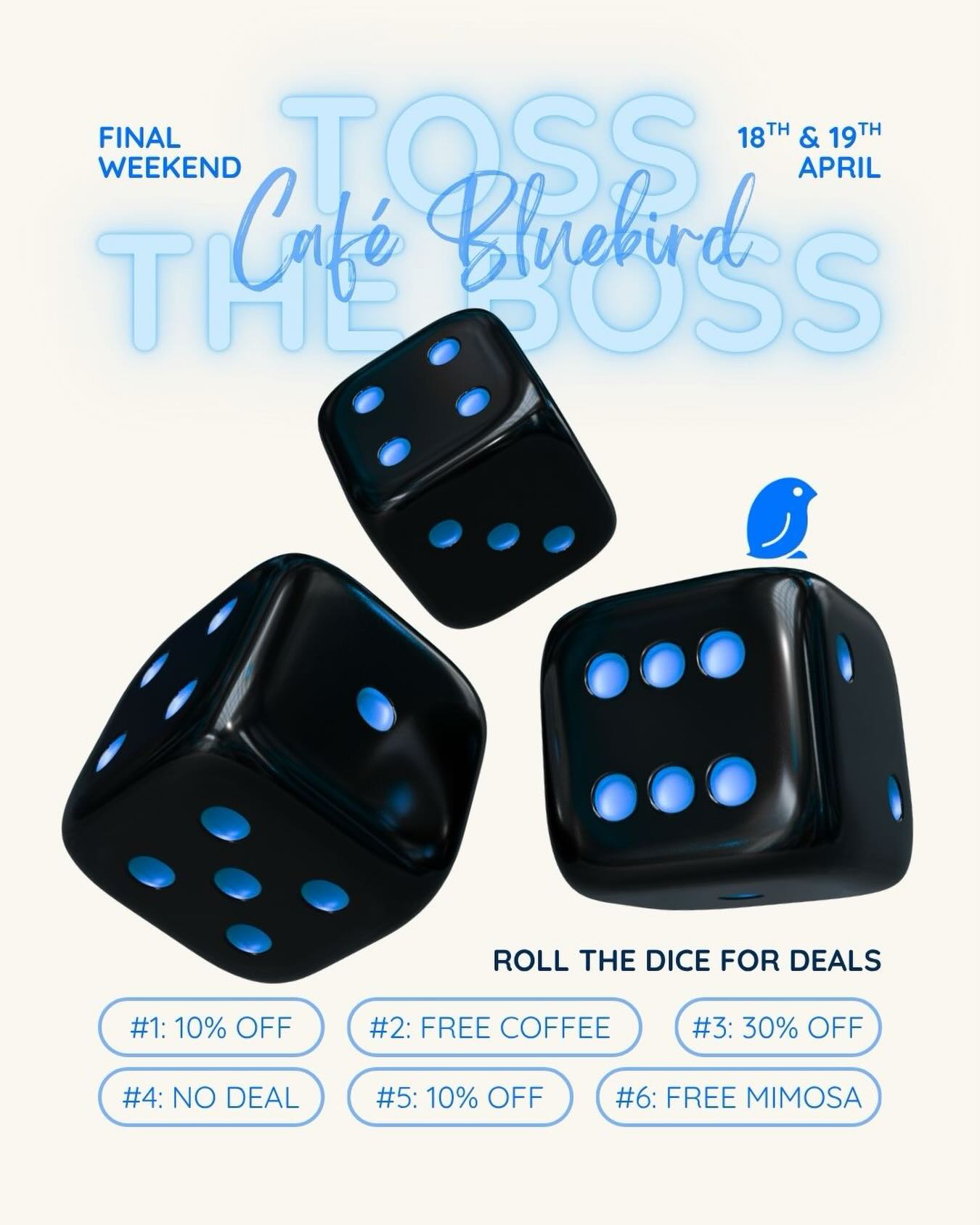 FINAL WEEKEND at Bluebird, roll the dice for DEALS!
🔥🎲🐦 - 18th & 19th April