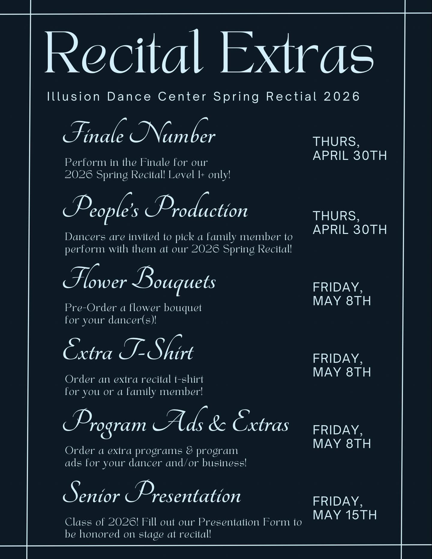 Recital is just around the corner!
Make sure to take care of all your “Recital Extras” before their due dates💎✨
Find the Google form links in your email!