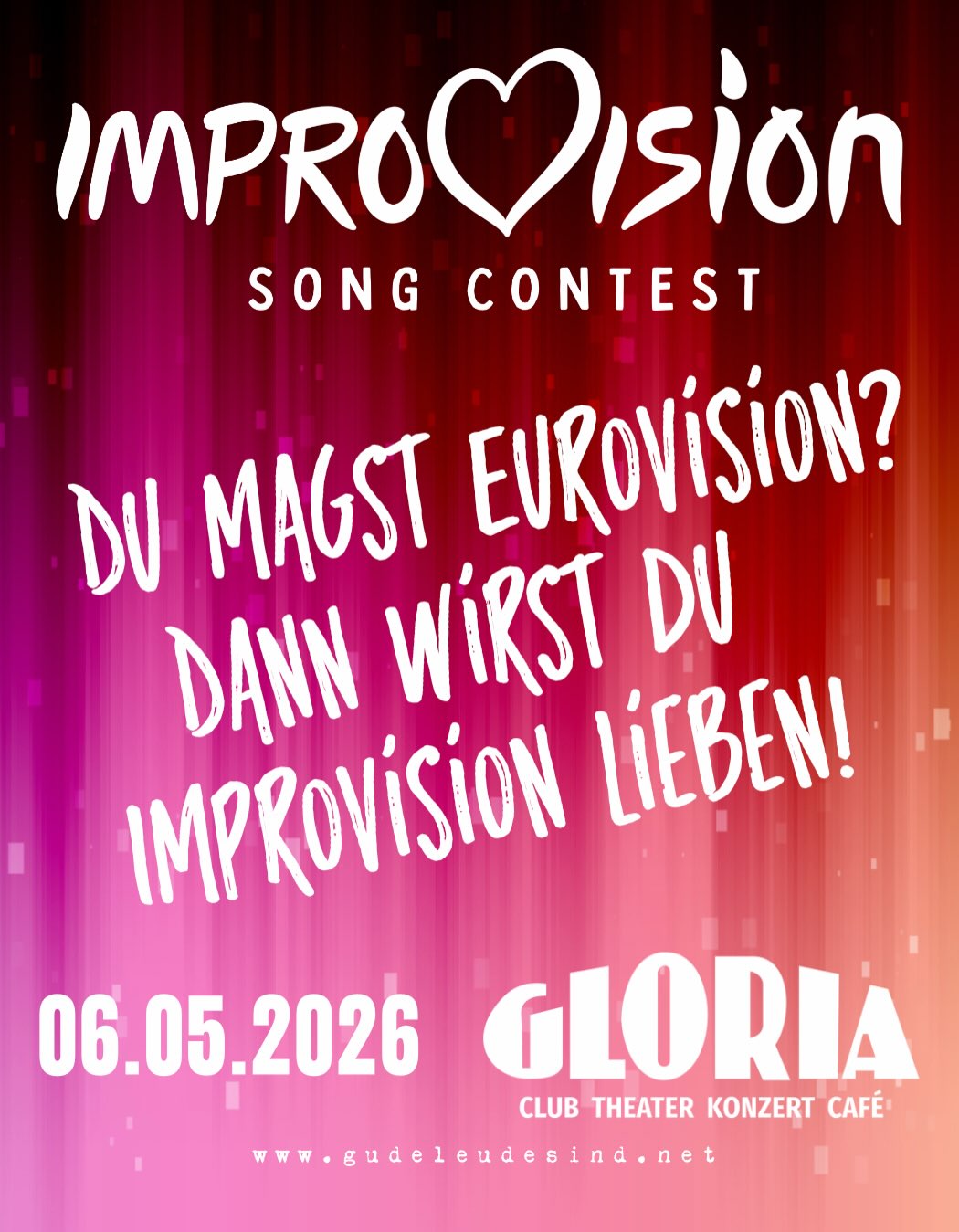 Liebe Leude!
Es ist nicht mehr lang hin: Am 06.05.2026 feiern wir eine riesengroße Improvision-Party im @gloria_koeln
Euch erwartet der @improvisionsongcontest 🎤🪩🕺💃
Ein völlig improvisierter Abend im Stil vom ESC!
Kauft euch am besten schnell noch Tickets! Es wird legendär! Versprochen!
Mit auf der Bühne:
@kiesslingkaffka
@mackefisch
@selbstausloeser_impro
@gudeleude
#esc #isc #improvision #comedy