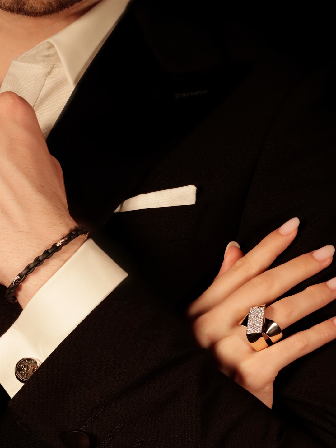 Some pieces are made to be worn alone. Others are made to find their match.
The ring on her hand is not simply a ring. It is one half of something. A design that crosses at the centre, two bands meeting at a single point, the way two people do. 19.5 grams of 18-carat yellow gold, its surface laid with 80 brilliant-cut diamonds in F-VS totalling 0.70 carats. Worn on her hand tonight. Somewhere, its counterpart exists, the same design, a different width, made for him.
At his wrist, black titanium and rose gold. 50 brilliant-cut diamonds in G-SI at 0.60 carats, quiet and considered against the cuff of a jacket. The kind of piece a man reaches for without thinking, because it has already become part of how he presents himself.
Two people. Two pieces. One idea.
By private appointment only.
The BrandZ — A Luxury Experience.
#thebrandz #couplegoals