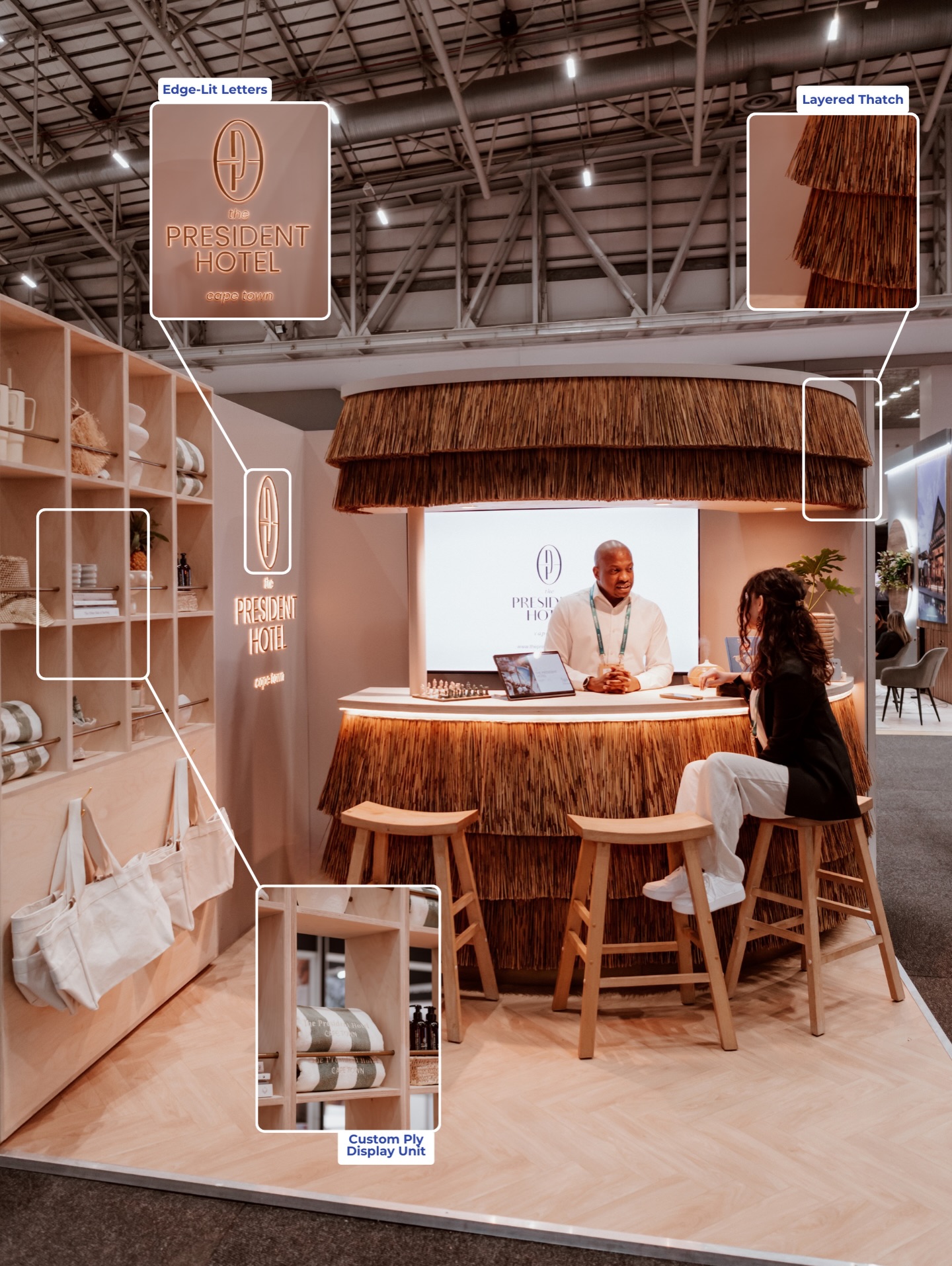 Where boardroom polish meets barefoot luxury… this is what happens when structure loosens its tie and slips into something a little more coastal 💙
For @thepresidentct at @wtm_africa , we blurred the lines between business lounge and beach bar, layering warm woods, woven textures and that unmistakable island ease into a space that invites you to stay a little longer.
From the custom-built display unit to the statement thatched canopy and softly glowing bar, every detail was designed to transport and ✨Make you look✨
#expobuilders #custombuild #happinestcustom #capetown #standbuilders