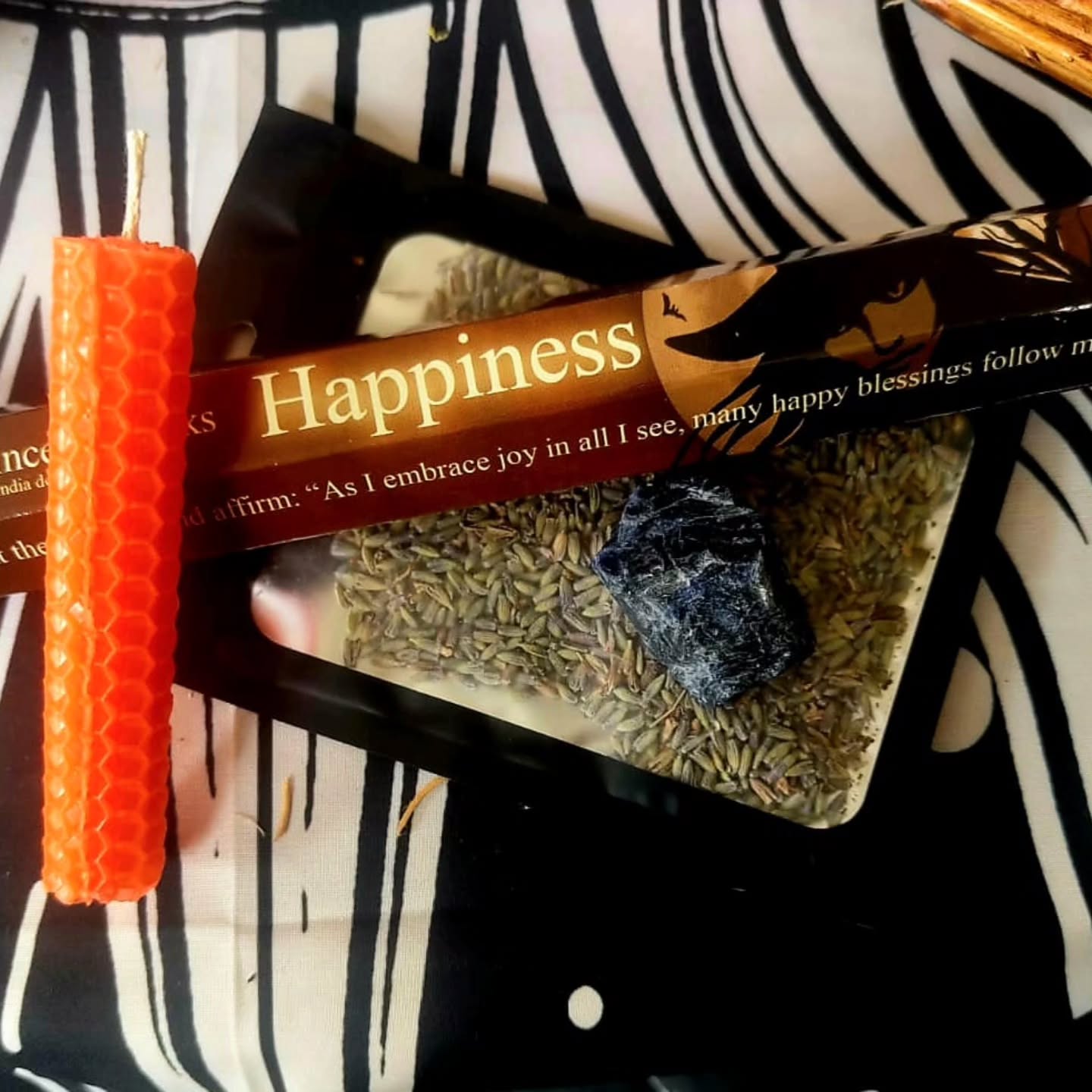 Good afternoon Wytches, I've been talking with friends, there's a lot going on in the world, and with the upcoming elections everyone is feeling a bit stressed!!
Burnt out
Anxious
The list goes on!
I'm not saying Witchcraft and Magick is the answer, but it is one possible answer!
Sure retail therapy work's, but if the thing you brought gave you a nice dopamine hit and helped you as well?.
Try out this little gem of a set!
Sodalite helps you see and think clearly, great when you're feeling all over the place!
Lavender calms anxiety and brings peace.
Orange has always been such a positive colour for me, representing Joy, Success, Energy and Creativity.
And finally happiness incense sticks, because we all deserve to be happy!!
So if you're looking to boost your.ood or Wang to come and peruse our many other emotion changing products, swing by, open till 5pm
See you all soon
Blessings of the Land Sea and the Sky ❤️❤️❤️❤️