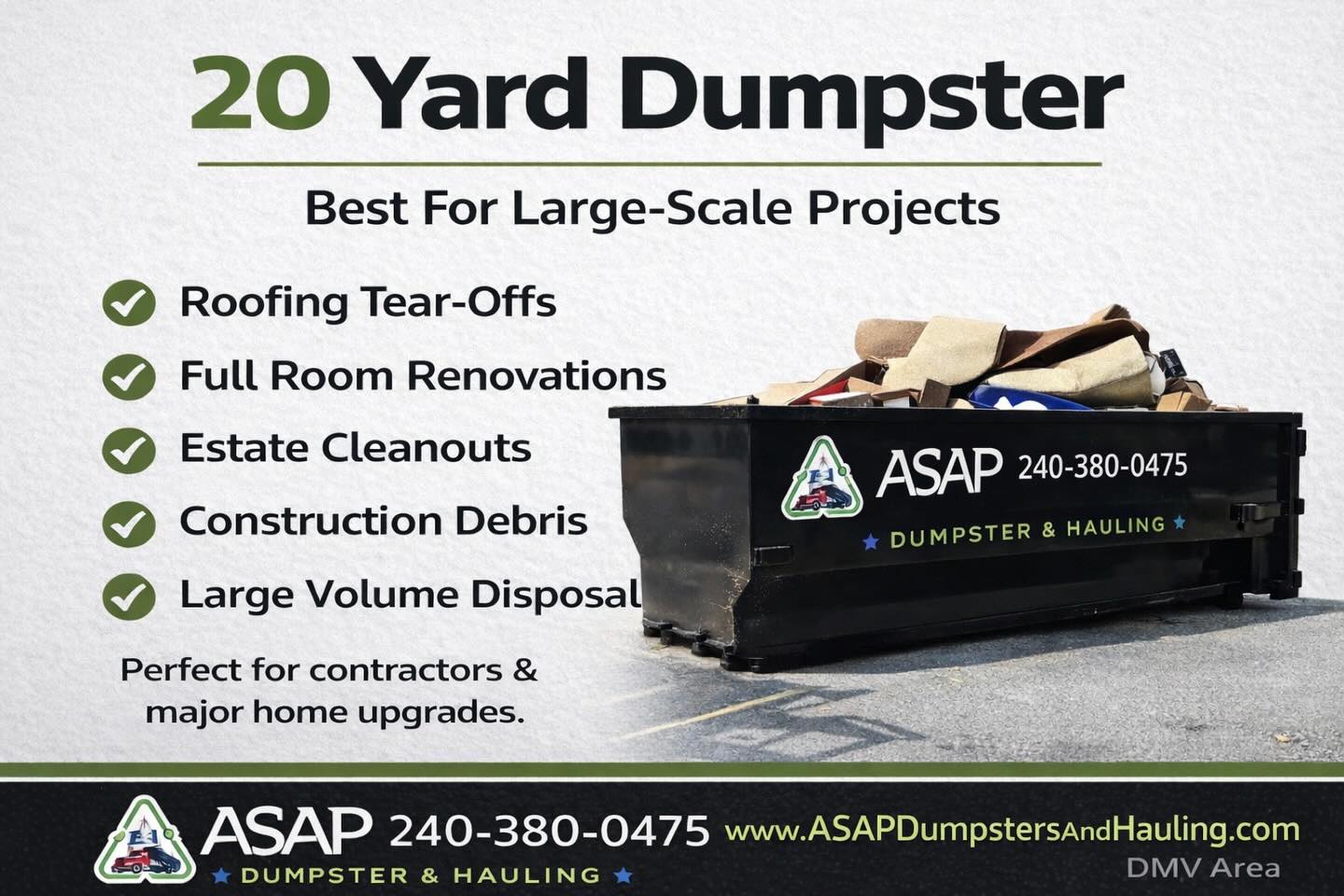 Not sure what size dumpster your project needs? 🤔
A 20 Yard container is one of the most requested sizes for:
✔ Roofing tear-offs
✔ Full renovations
✔ Estate cleanouts
✔ Construction debris
✔ Large volume disposal
Big enough for serious debris.
Compact enough for most driveways.
If you’re planning a major upgrade or managing a project, choosing the right size upfront saves time and money.
Serving DC, Maryland & Virginia.
📞 240-380-0475
🌐 www.ASAPDumpstersAndHauling.com
#DumpsterRental #DMVContractors #RenovationProjects #PrinceGeorgesCounty #ConstructionSupport RollOffDumpster