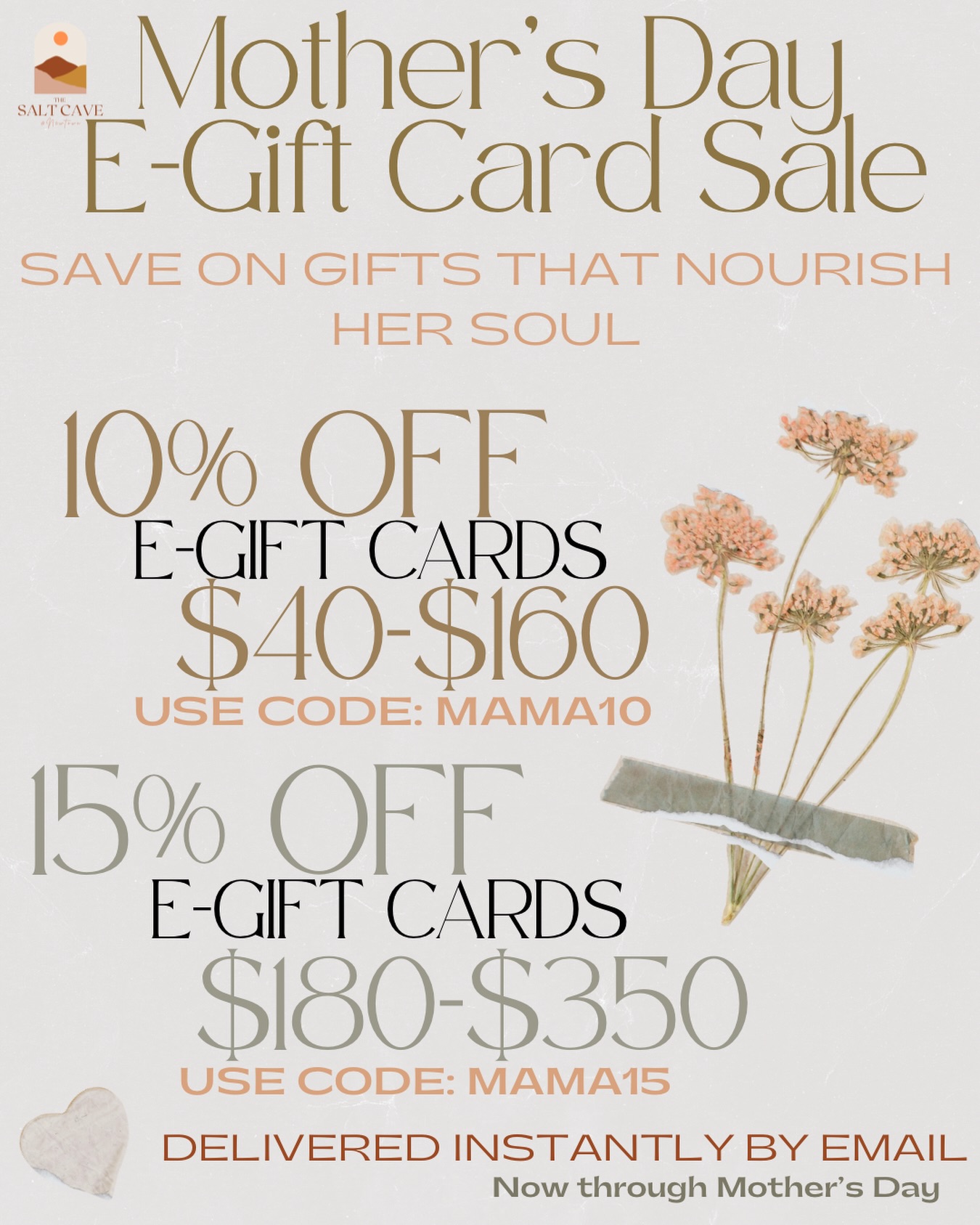 Mother’s Day magic is officially here 🌸✨
Give her something she’ll actually use… a moment to breathe, reset, and feel taken care of 🤍
Our Mother’s Day E-Gift Card Sale is live!!
🌿 10% off E-gift Cards $40–$160 (code: MAMA10)
🌿 15% off E-gift Cards $180–$350 (code: MAMA15)
Perfect for the mama who does it all, the mother figure who deserves it all, or even a little “treat yourself” moment (no judgment here 😉)
Delivered instantly, to their inbox. Or send it to yourself to print out for later! 💌
(you must enter the code for the discount)
Tag someone who needs this 👇