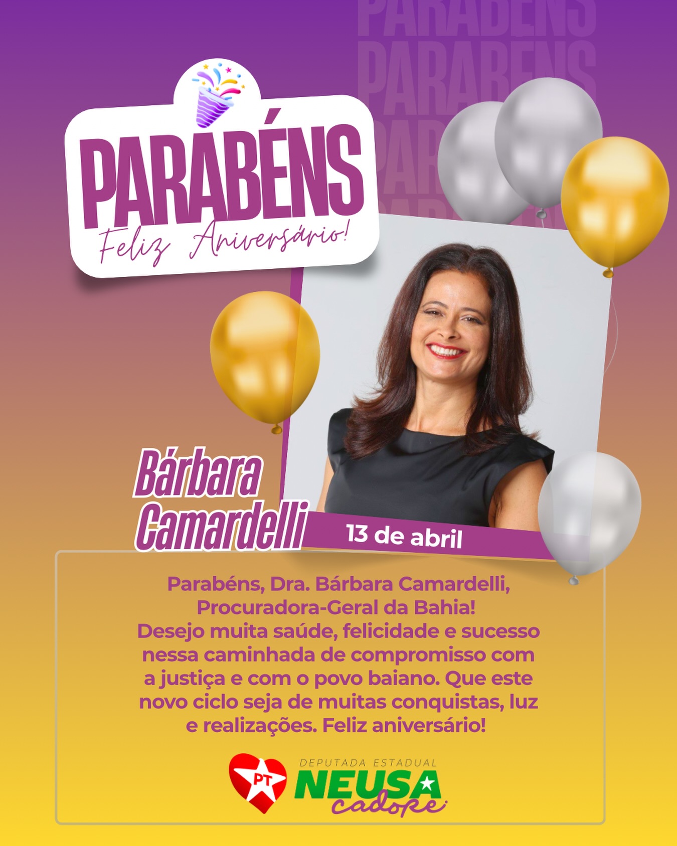 Parabéns, Dra. Bárbara Camardelli, Procuradora-Geral da Bahia! 🎉
Desejo muita saúde, felicidade e sucesso nessa caminhada de compromisso com a justiça e com o povo baiano. Que este novo ciclo seja de muitas conquistas, luz e realizações. Feliz aniversário! 💐