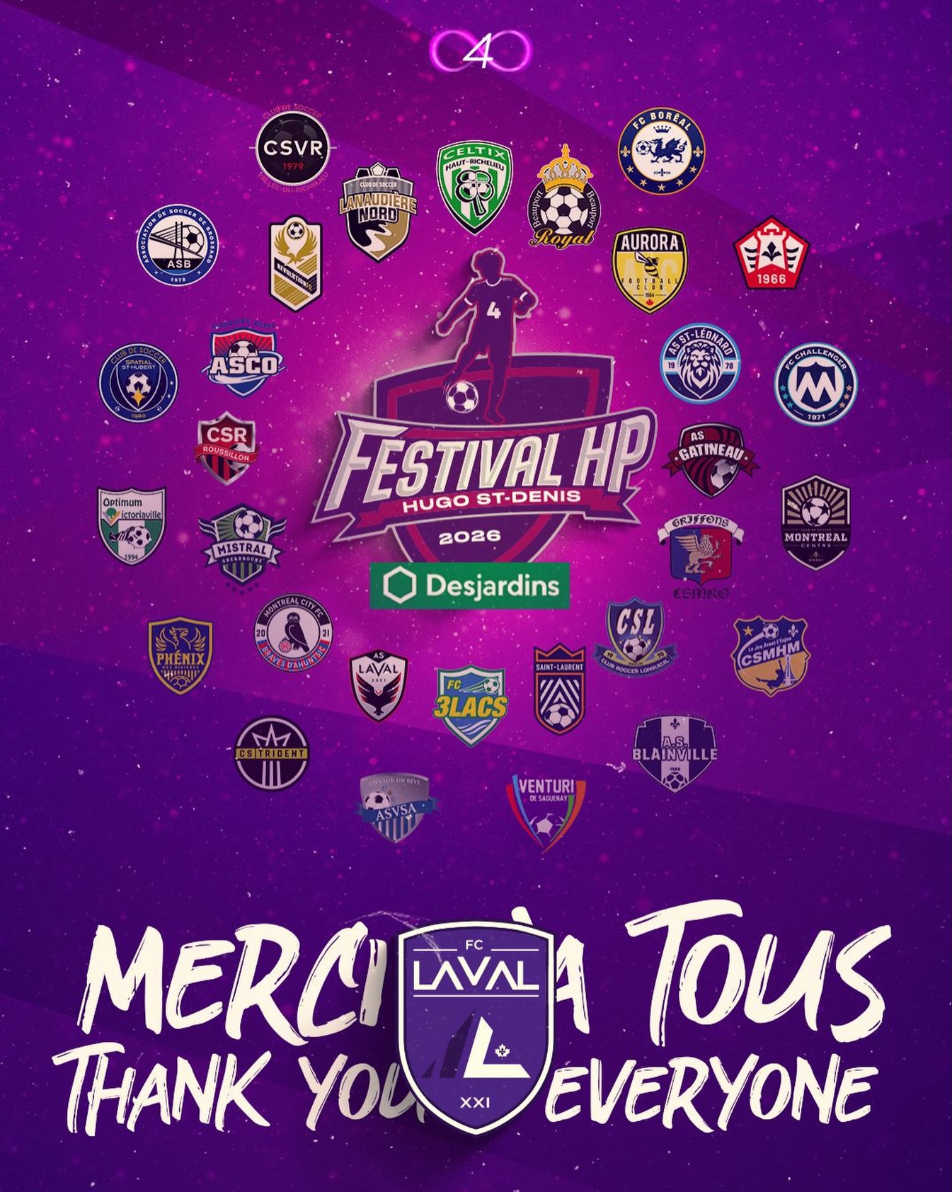 💜 FESTIVAL HP HUGO ST‑DENIS — MERCI!
💜 THANK YOU! ♾️4
Merci à toutes les équipes, clubs, arbitres et bénévoles pour un weekend incroyable.
Thank you to all teams, clubs, referees and volunteers for an amazing weekend.
117 matchs, 78 équipes, 30 clubs, 8 terrains, 90 arbitres — Votre énergie fait vivre le Festival HP Hugo St‑Denis.
117 matches, 78 teams, 30 clubs, 8 fields, 90 referees — Your energy is what makes the Hugo St‑Denis Festival special.
📸 Photos du festival / Festival photos:
flickr FC Laval
👇🏼
https://www.flickr.com/photos/202157267@N05/albums/72177720333095382/
💜💜💜 Laval is purple