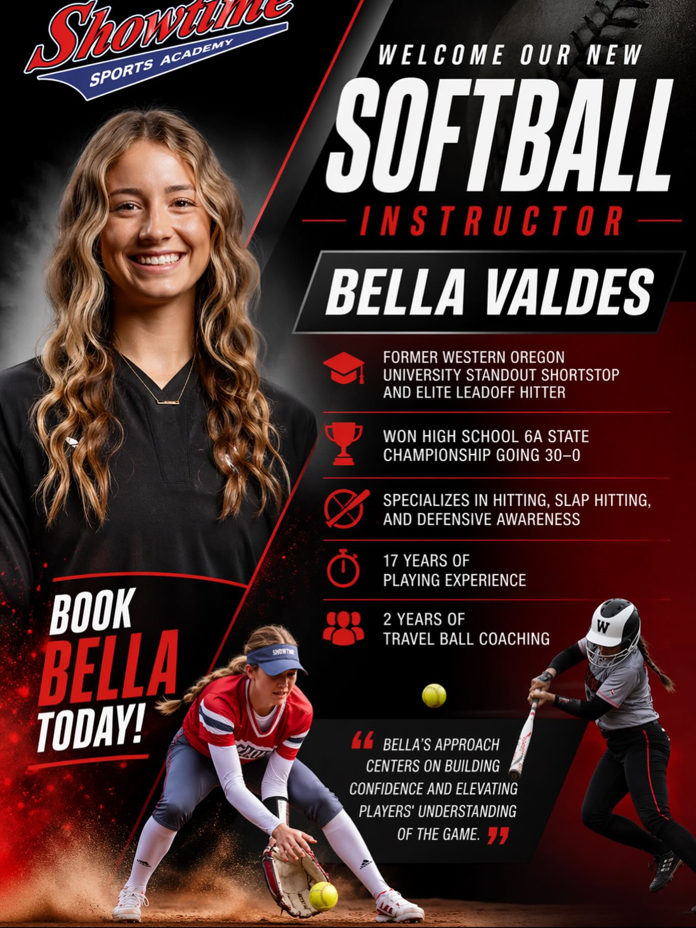 Welcome our newest softball instructor! We are so excited to have Bella onboard and know that you will love her knowledge of the game and teaching style….Book today!