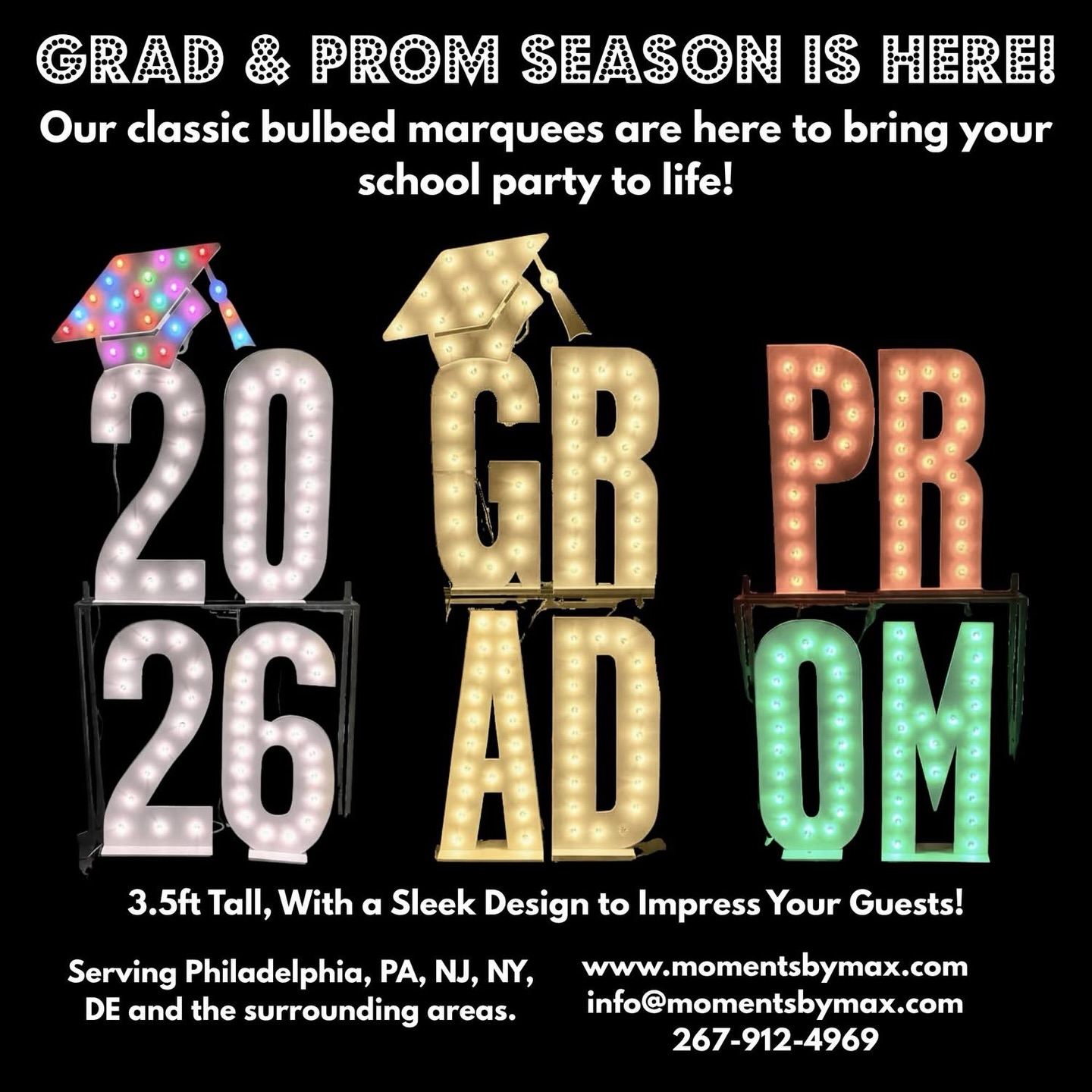 🔥 GRAD & PROM SEASON IS HERE 🔥
Make your school event stand out with our classic bulb and LED light-up marquee letters, numbers and symbols— the perfect way to bring your school event to life! 🎓
Standing at 3.5ft tall with a sleek, eye-catching design, these marquees are guaranteed to impress your guests and make your event setup GLOW. Color options, pricing and special discount rates are listed on the pictures above.
Enhance our marquees by adding some of our balloon decor options, inflatables, floral walls or event rentals. We can do it all and be your one stop shop for your next event! 🎈
📍 Serving Philadelphia, PA, NJ, NY & DE
📩 info@momentsbymax.com
📞 267-912-4969
🌐 www.momentsbymax.com
#phillyballoons #phillymarqueeletters #graduationseason #schoolevents #promseason